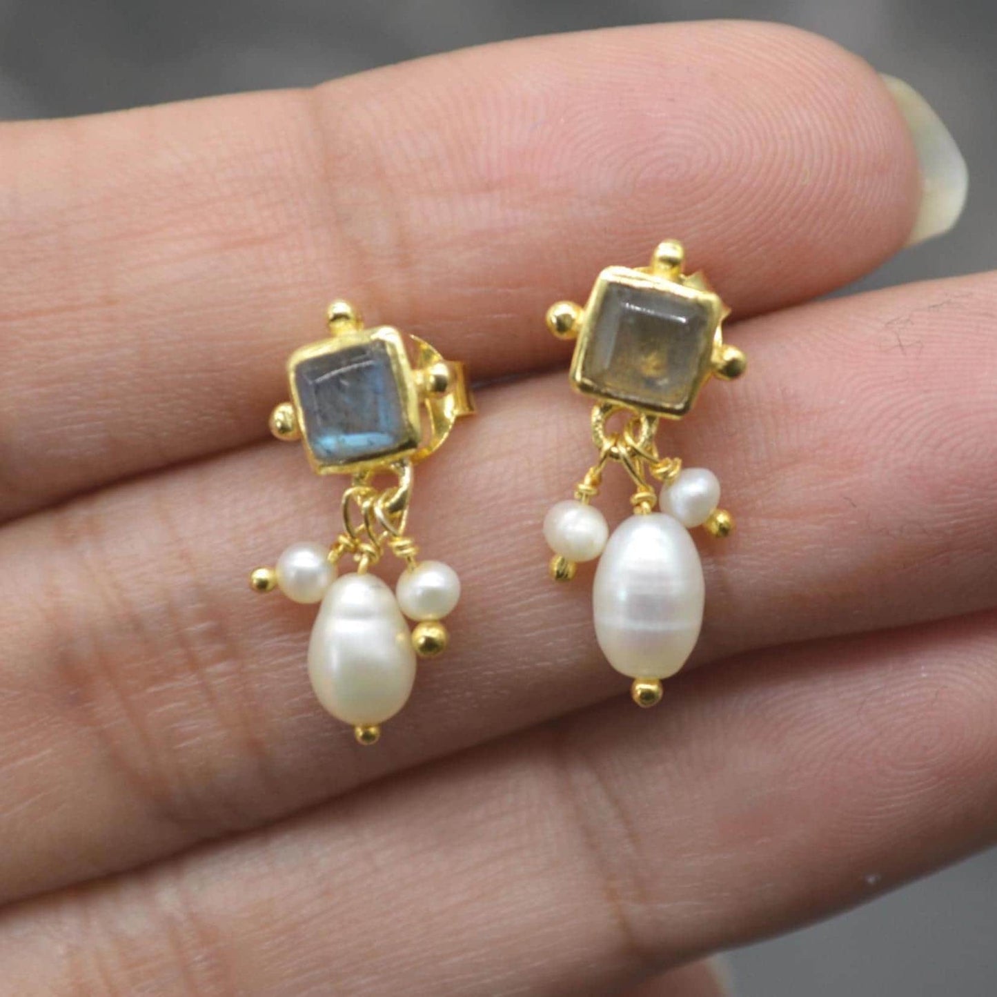 Labradorite Pearl Earrings: Silver or Gold Plated Silver, June Birthstone, Minimalist Drop