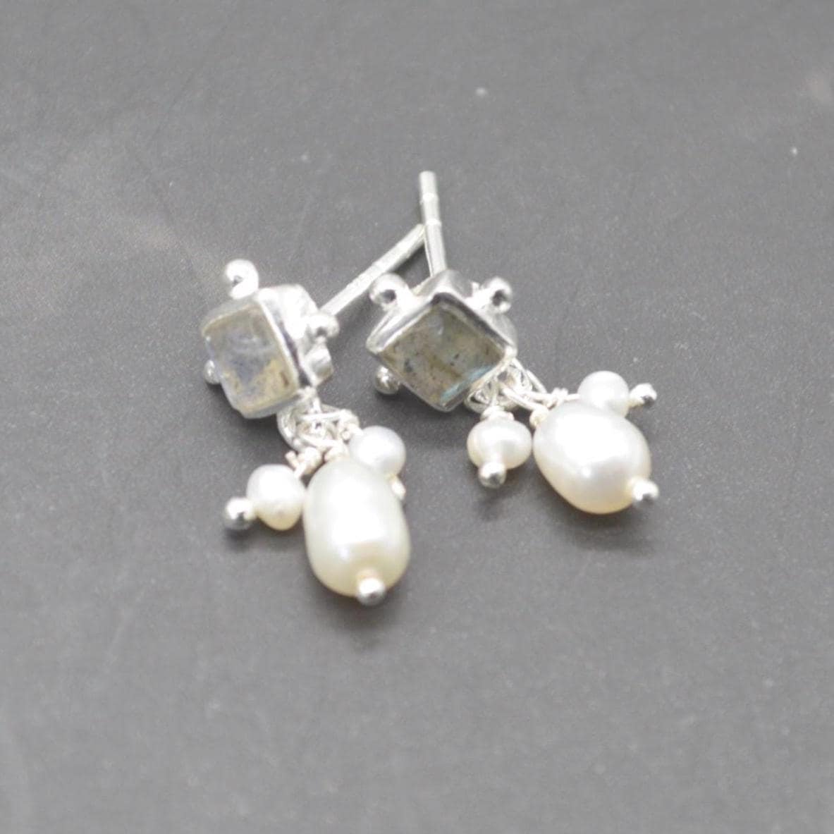 Labradorite Pearl Earrings: Silver or Gold Plated Silver, June Birthstone, Minimalist Drop