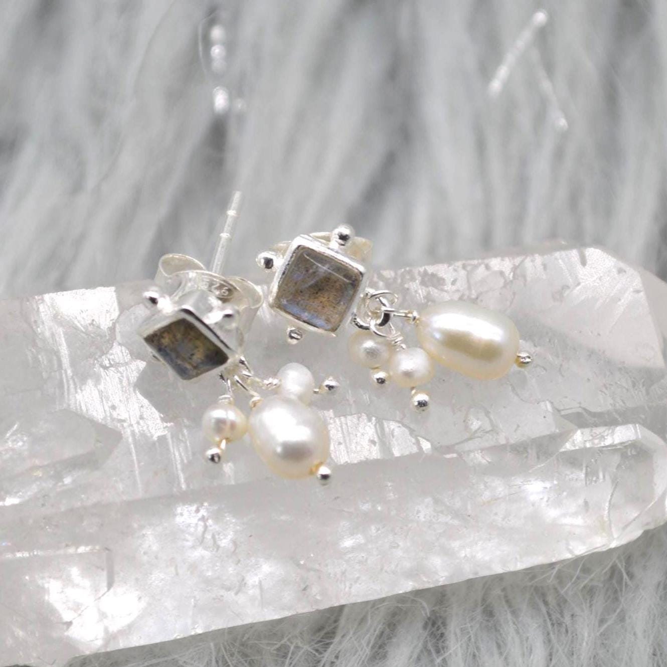 Labradorite Pearl Earrings: Silver or Gold Plated Silver, June Birthstone, Minimalist Drop