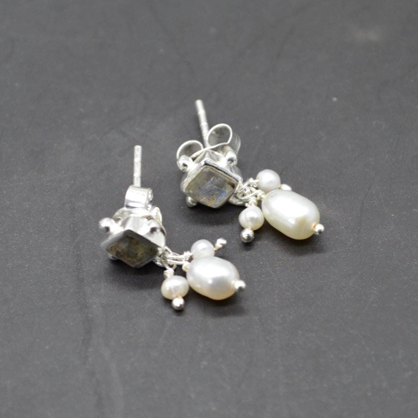 Labradorite Pearl Earrings: Silver or Gold Plated Silver, June Birthstone, Minimalist Drop