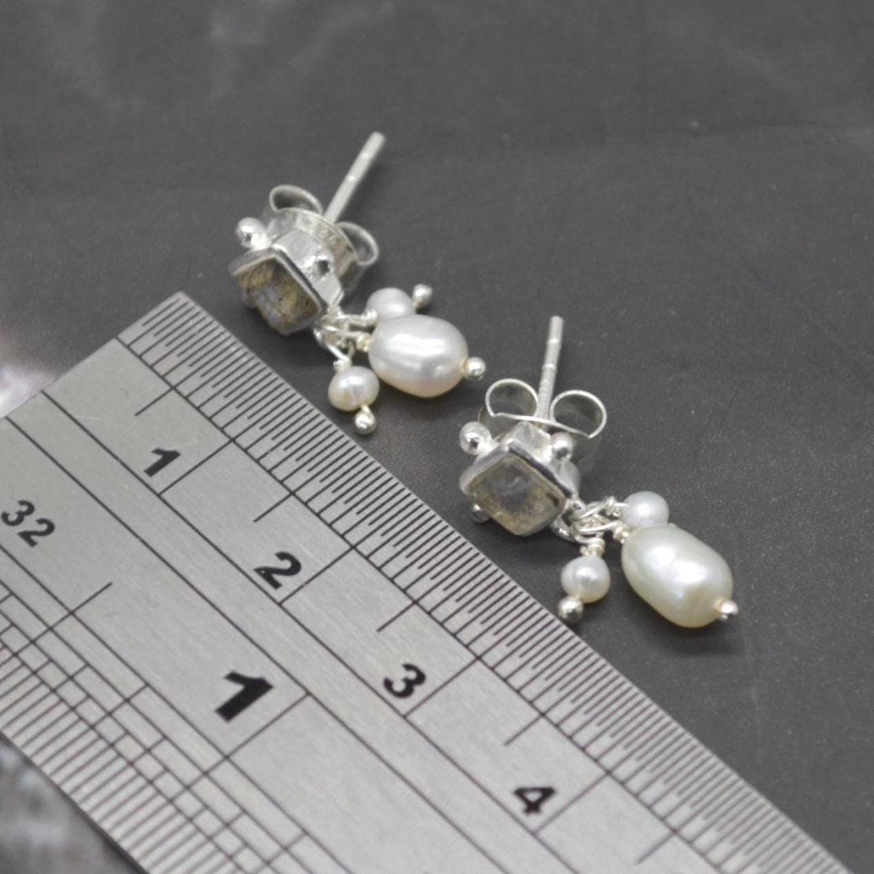 Labradorite Pearl Earrings: Silver or Gold Plated Silver, June Birthstone, Minimalist Drop