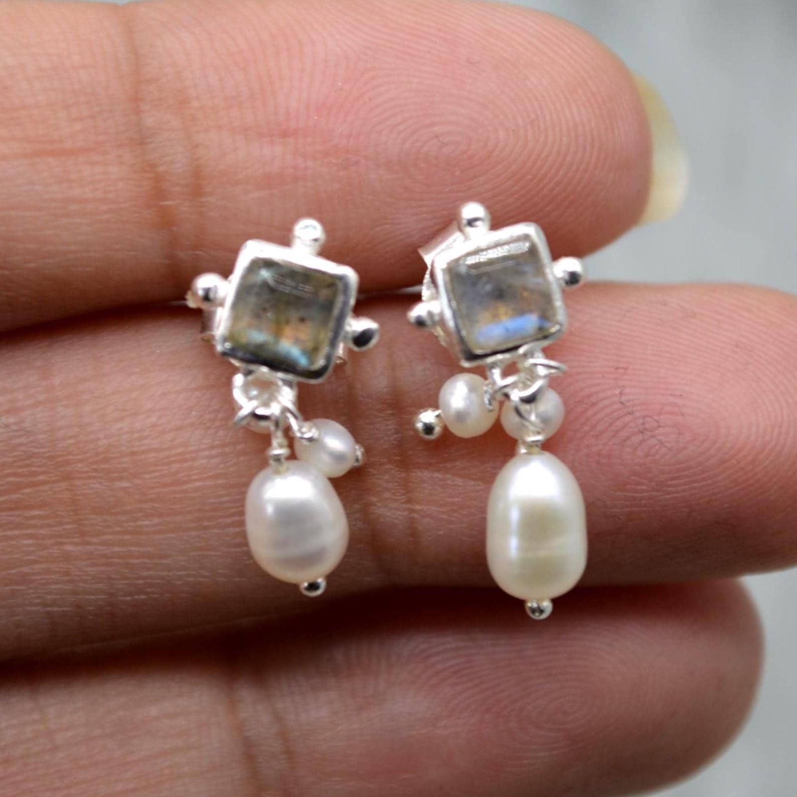 Labradorite Pearl Earrings: Silver or Gold Plated Silver, June Birthstone, Minimalist Drop