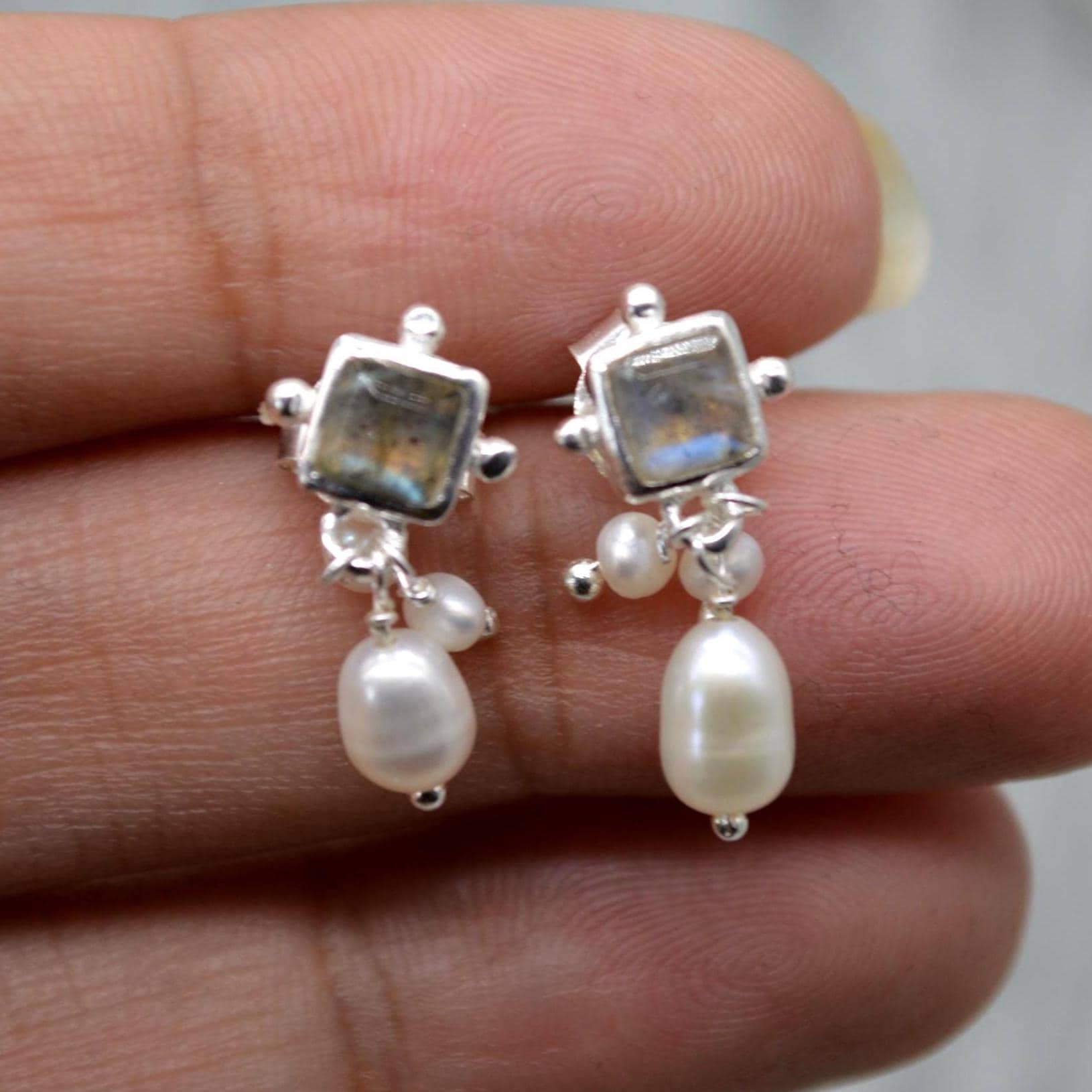 Labradorite Pearl Earrings: Silver or Gold Plated Silver, June Birthstone, Minimalist Drop