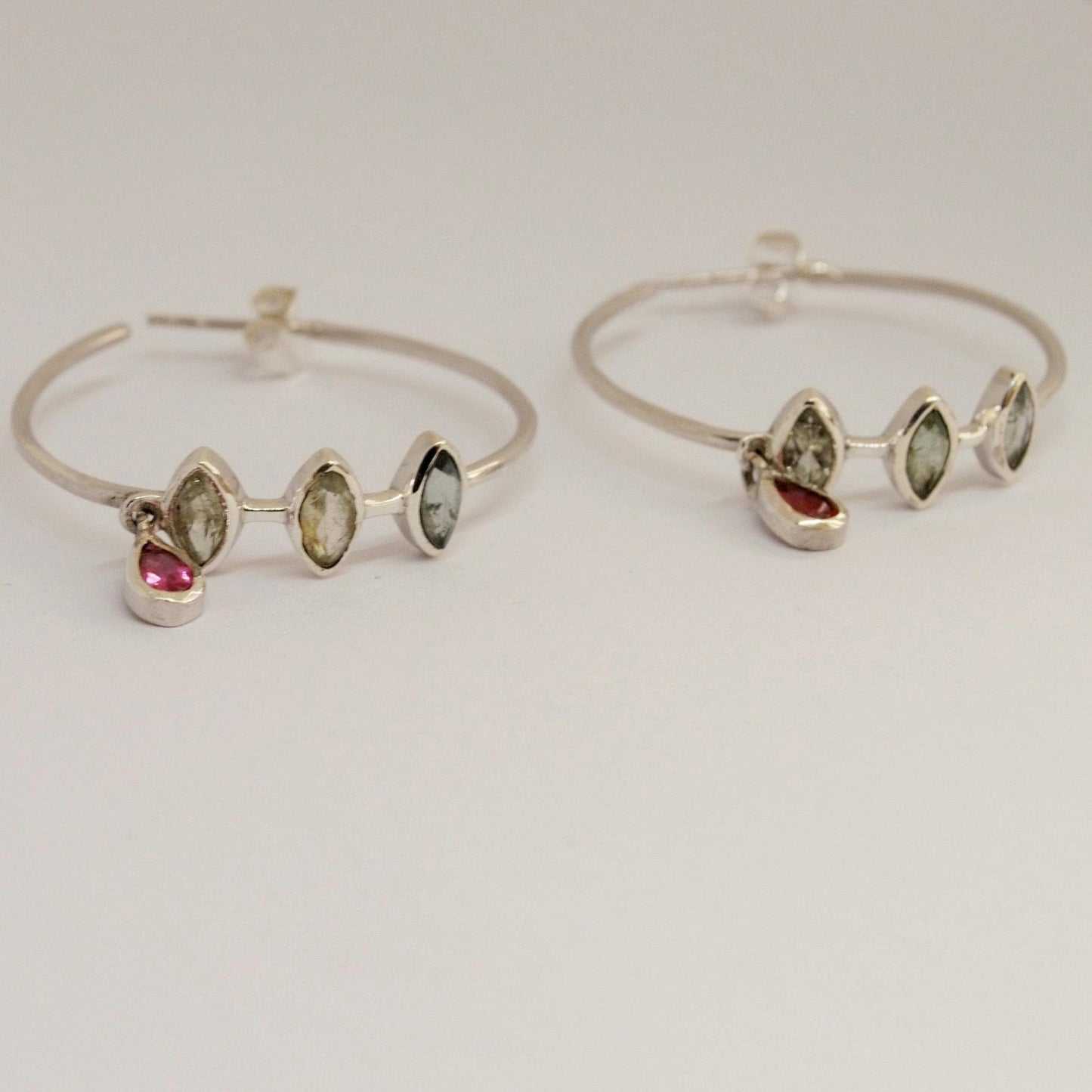 Pink, Green Tourmaline Hoop Earrings: Silver, Huggies, October Birthstone