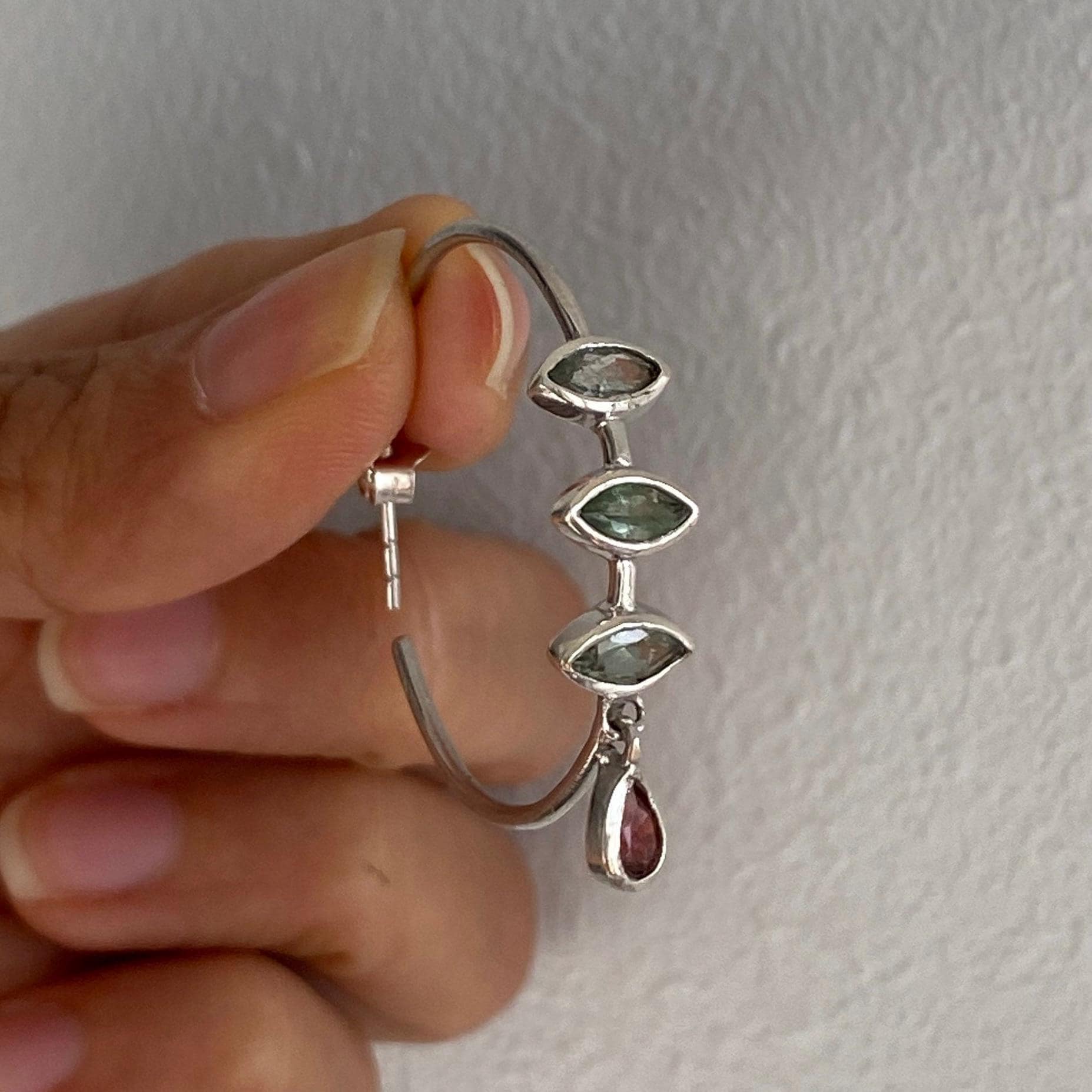 Pink, Green Tourmaline Hoop Earrings: Silver, Huggies, October Birthstone