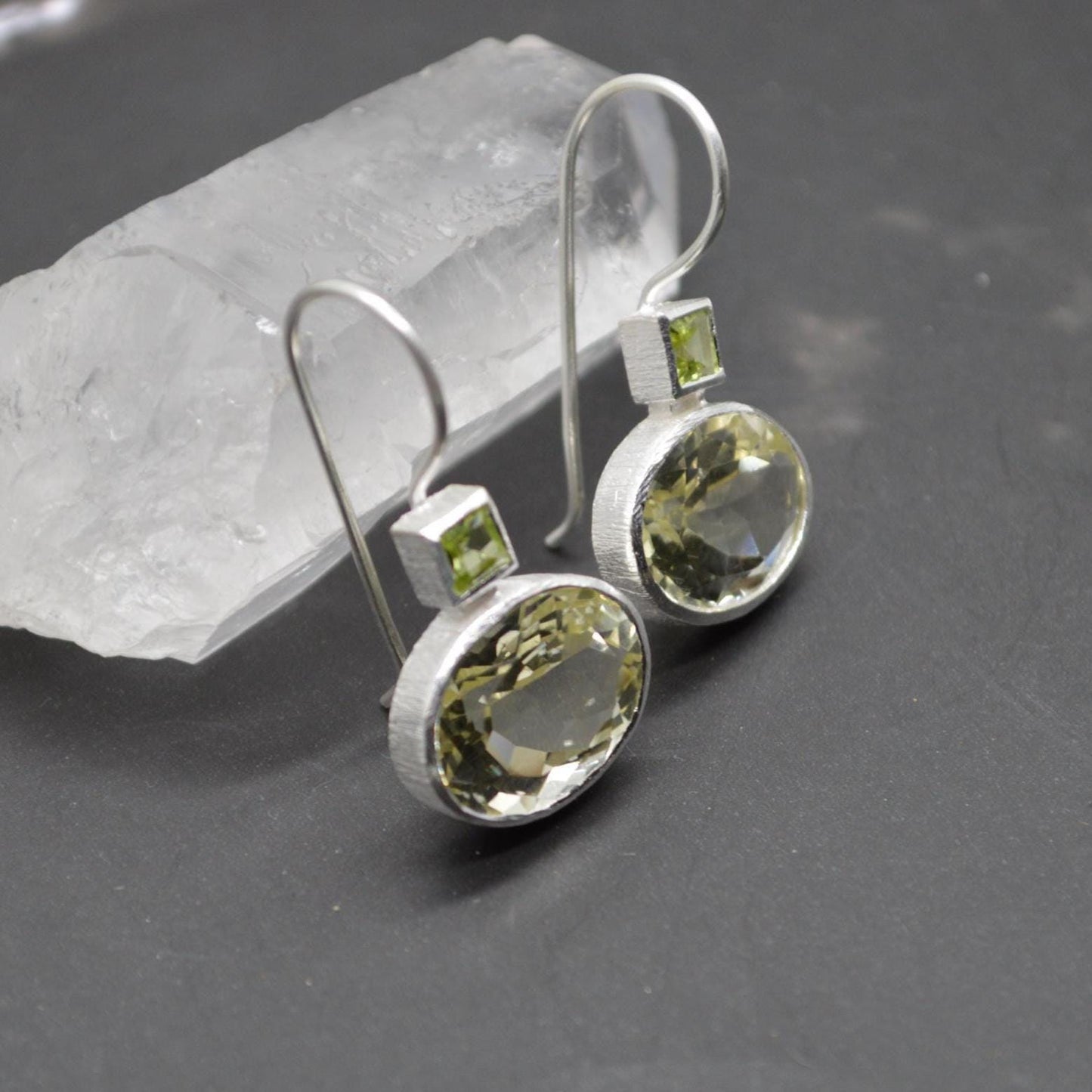 Lemon Quartz Peridot Earrings: Silver, August Birthstone, Unique Dangle Drop Earrings, Green Gemstone