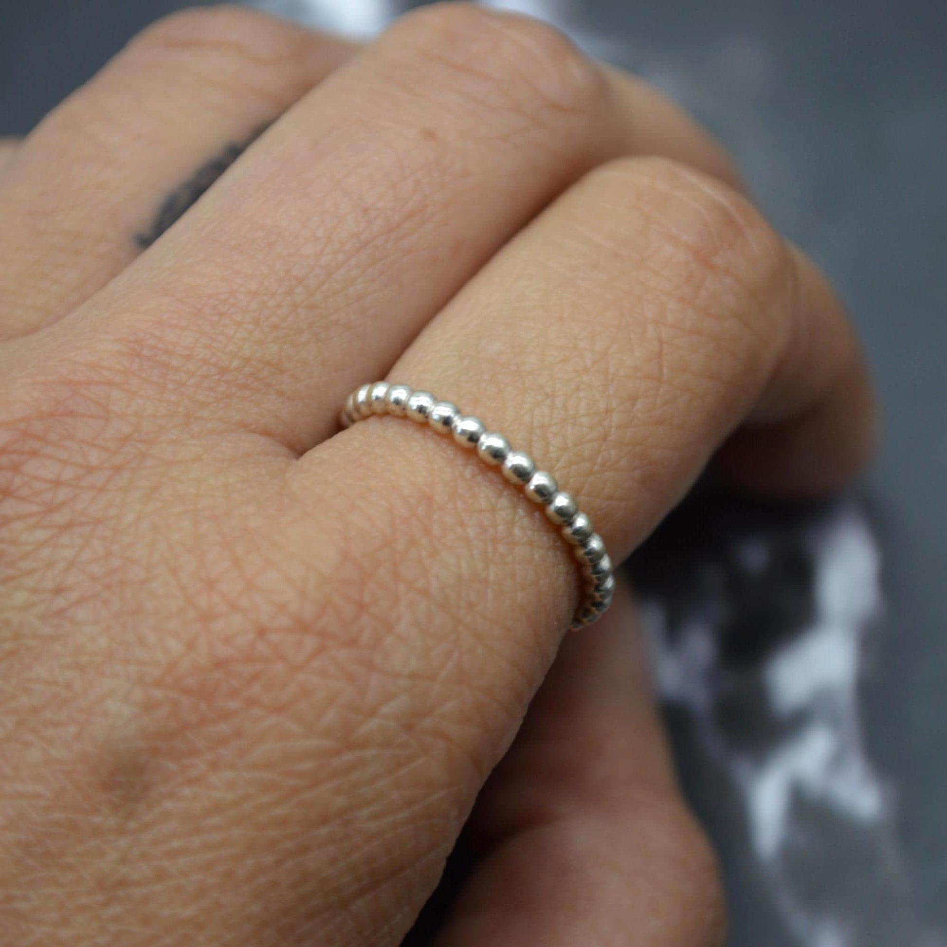 Sterling Silver Beaded Stacking Ring: Size K, Dainty Bubble Ring, Handmade Minimalist Band