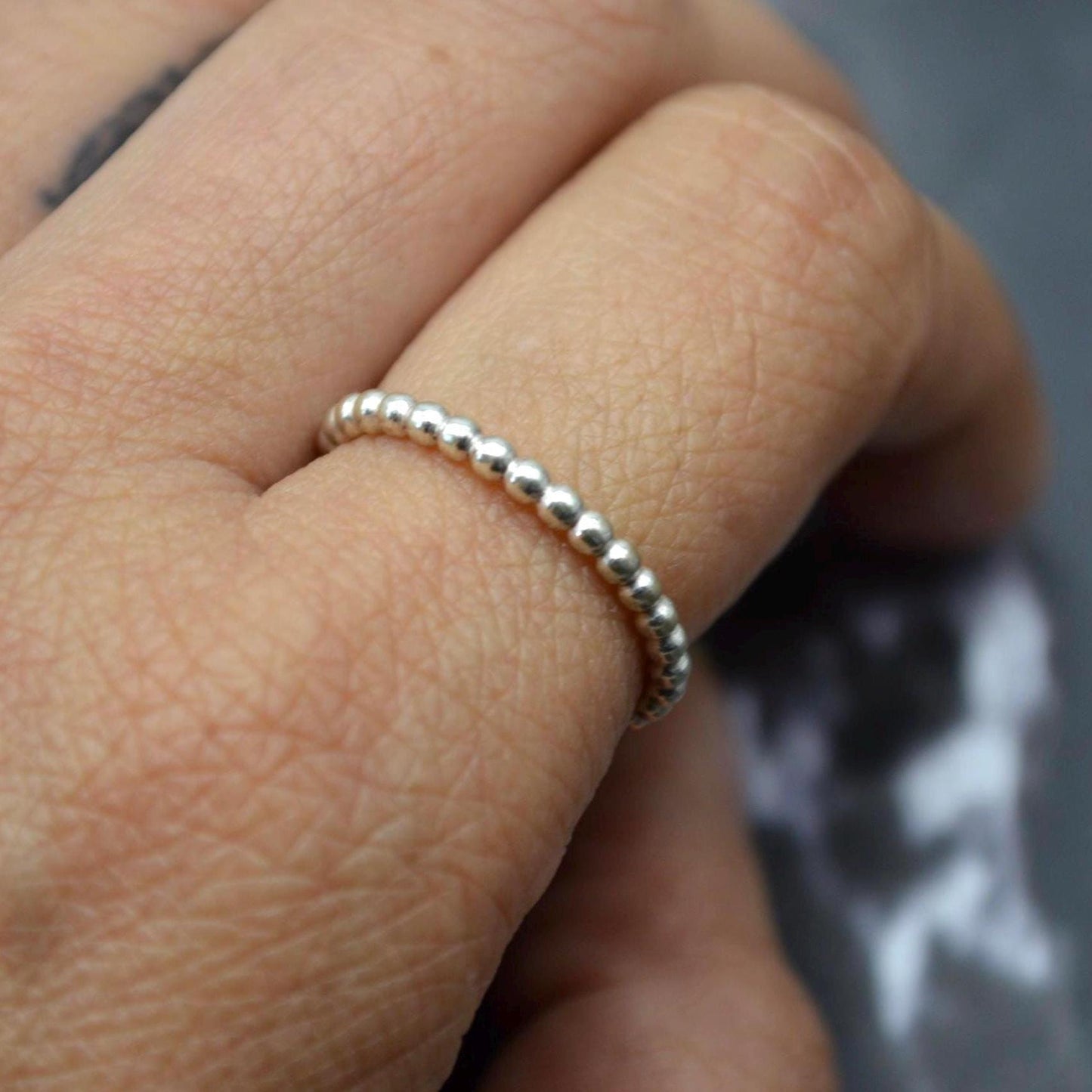 Sterling Silver Beaded Stacking Ring: Size K, Dainty Bubble Ring, Handmade Minimalist Band