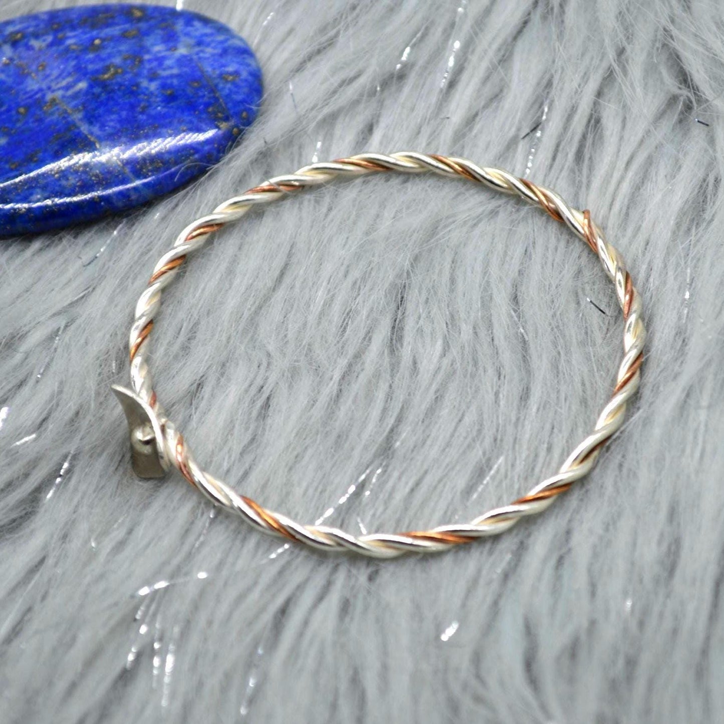 Sterling Silver, Copper Twisted Bangle: 6.5cm, Handmade Mixed Metal Bracelet, Boho Statement Bangle