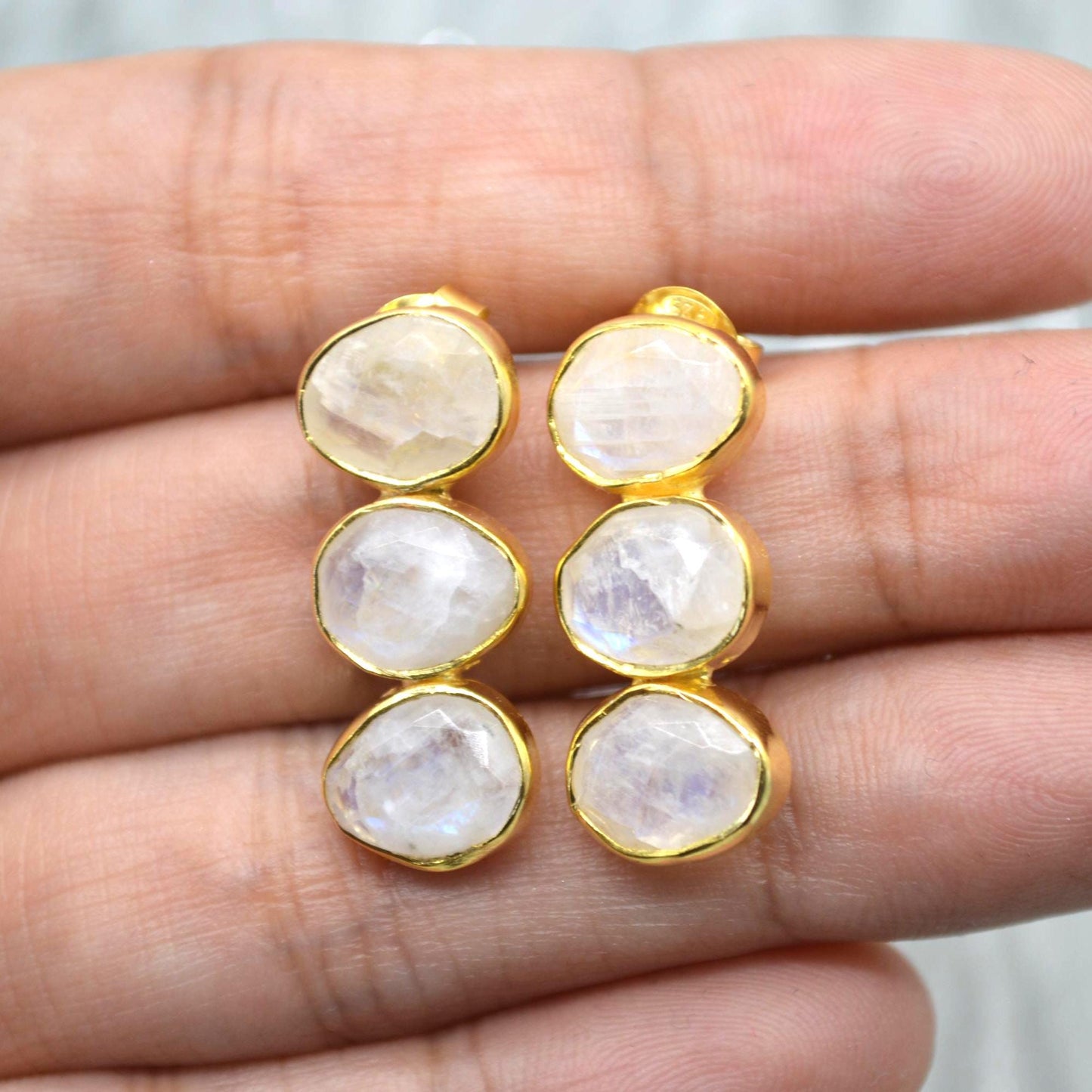 Rainbow Moonstone Earrings: Gold Plated Sterling Silver, June Birthstone Drop