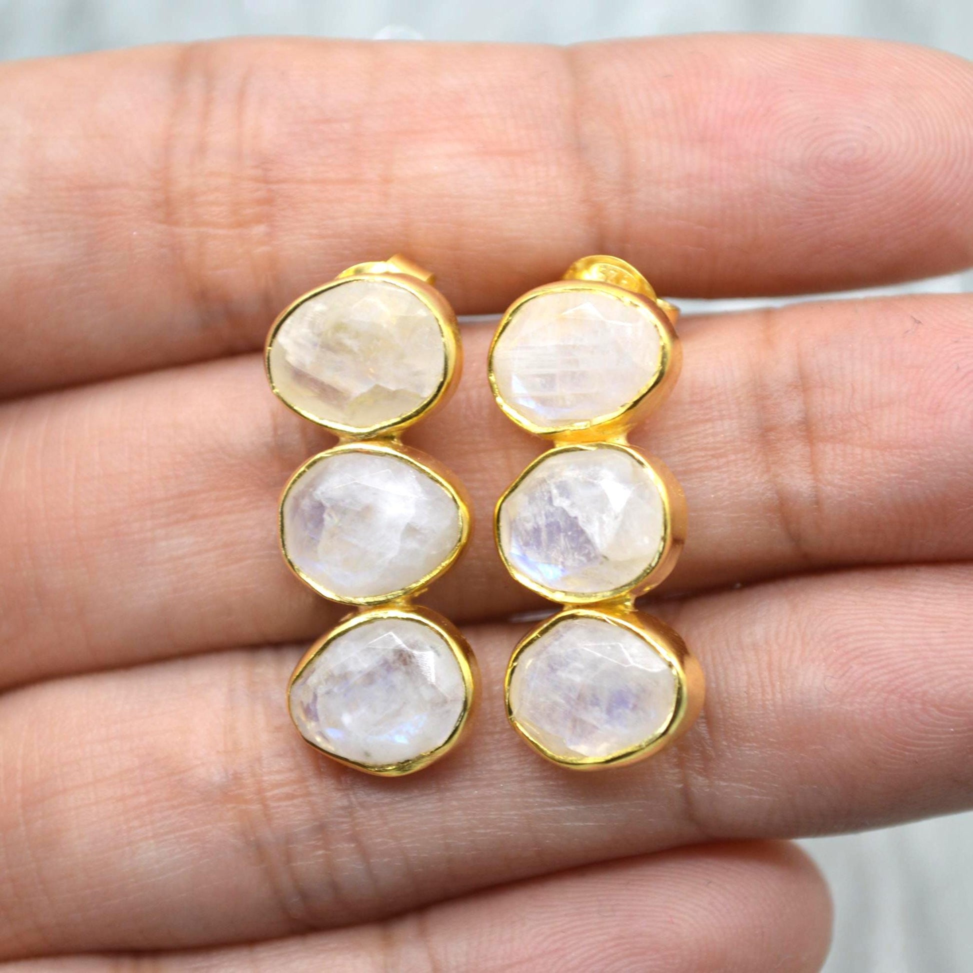 Rainbow Moonstone Earrings: Gold Plated Sterling Silver, June Birthstone Drop