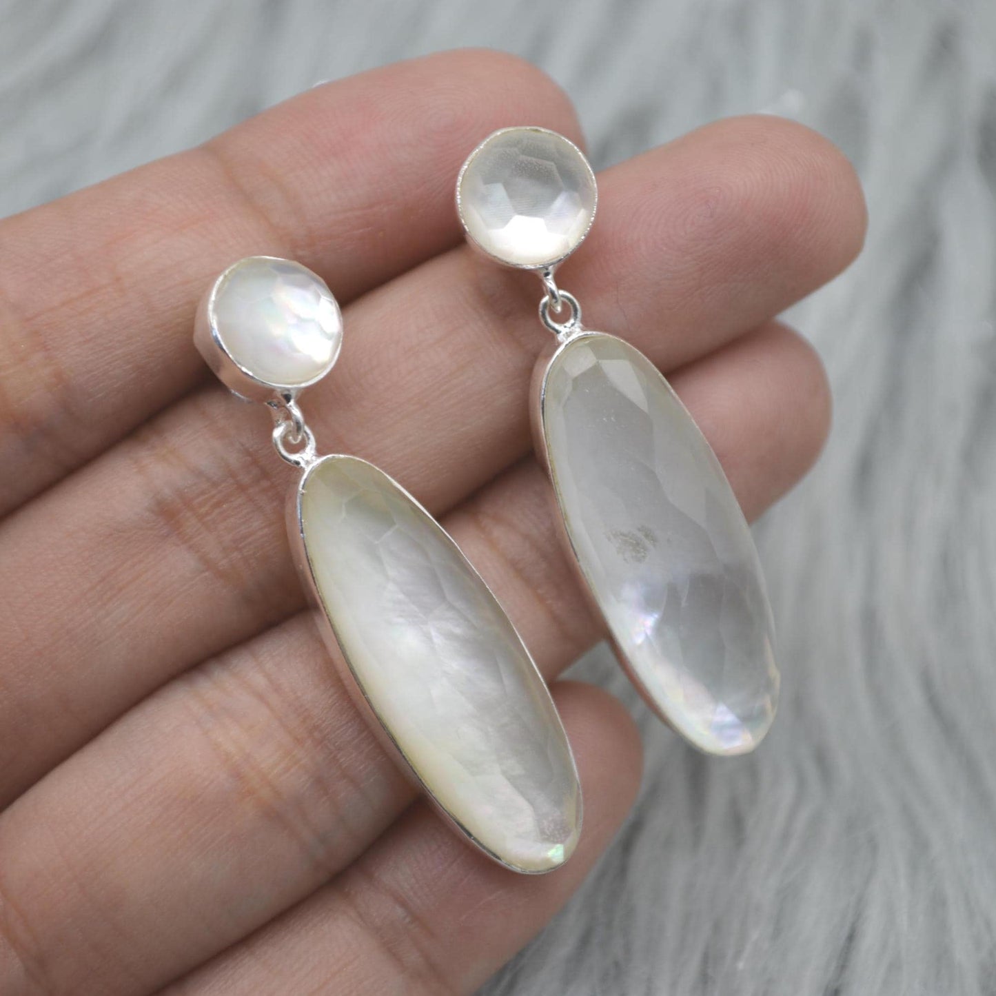 Mother Of Pearl Earrings: Silver, Doublet, White Gemstone Drop, June Birthstone