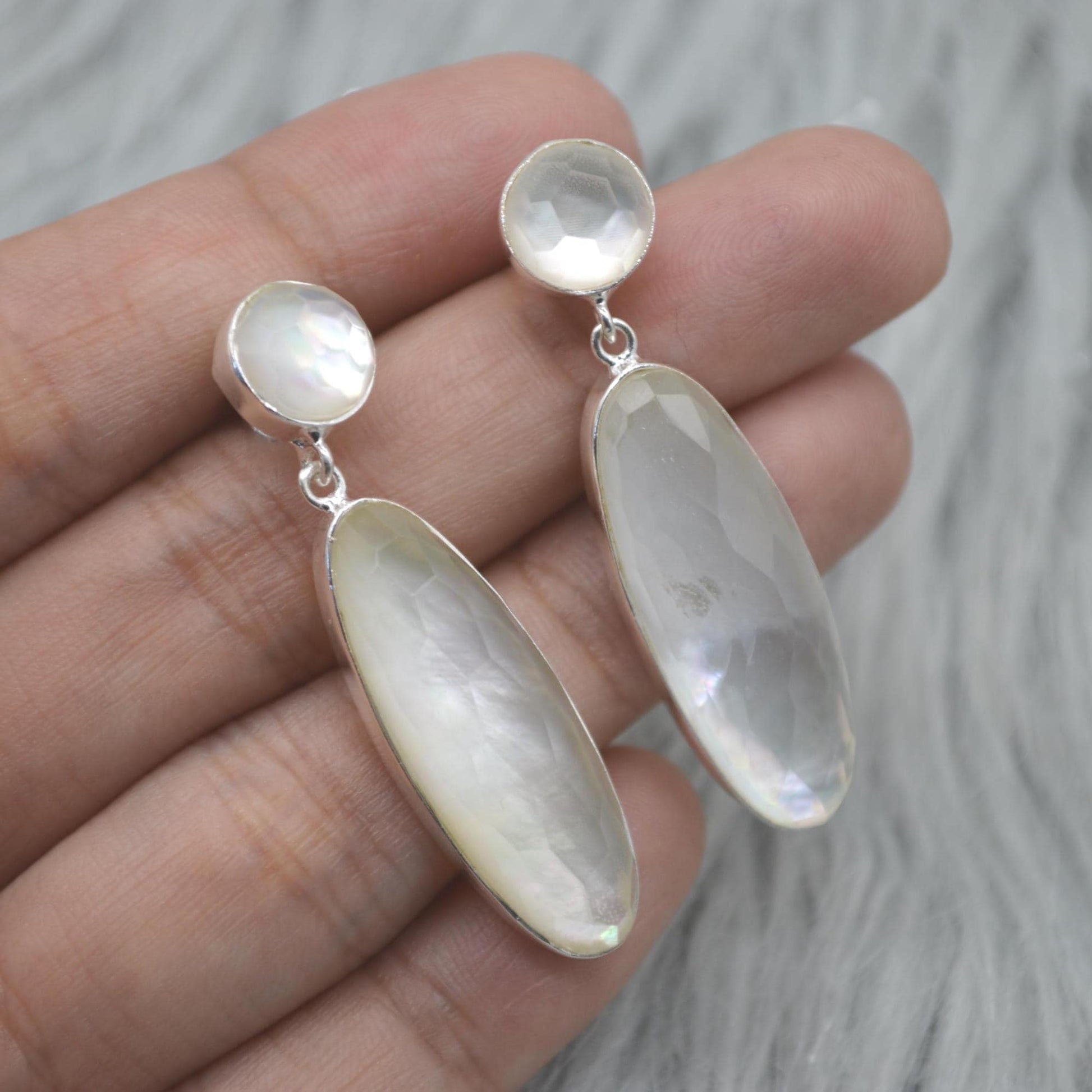 Mother Of Pearl Earrings: Silver, Doublet, White Gemstone Drop, June Birthstone