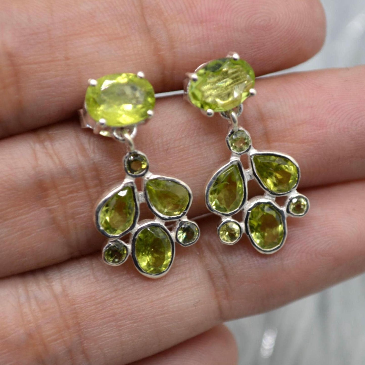 Peridot Earrings: Silver, Floral Dangle Drop, August Birthstone, Green Gemstone