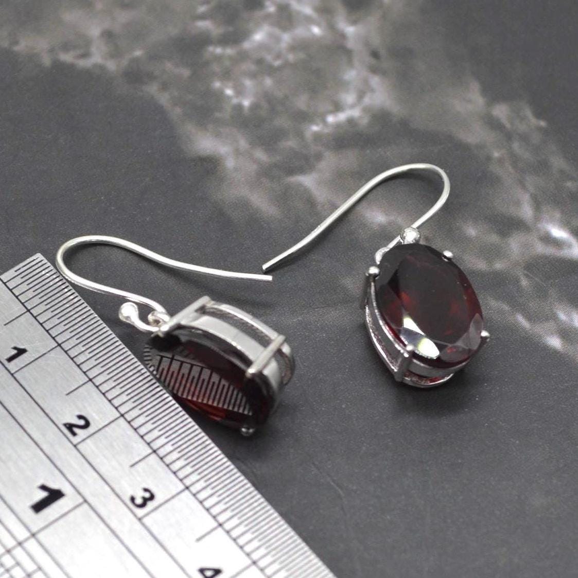 Garnet Earrings: Dangle Drop, Oval, Red Gemstone, January Birthstone