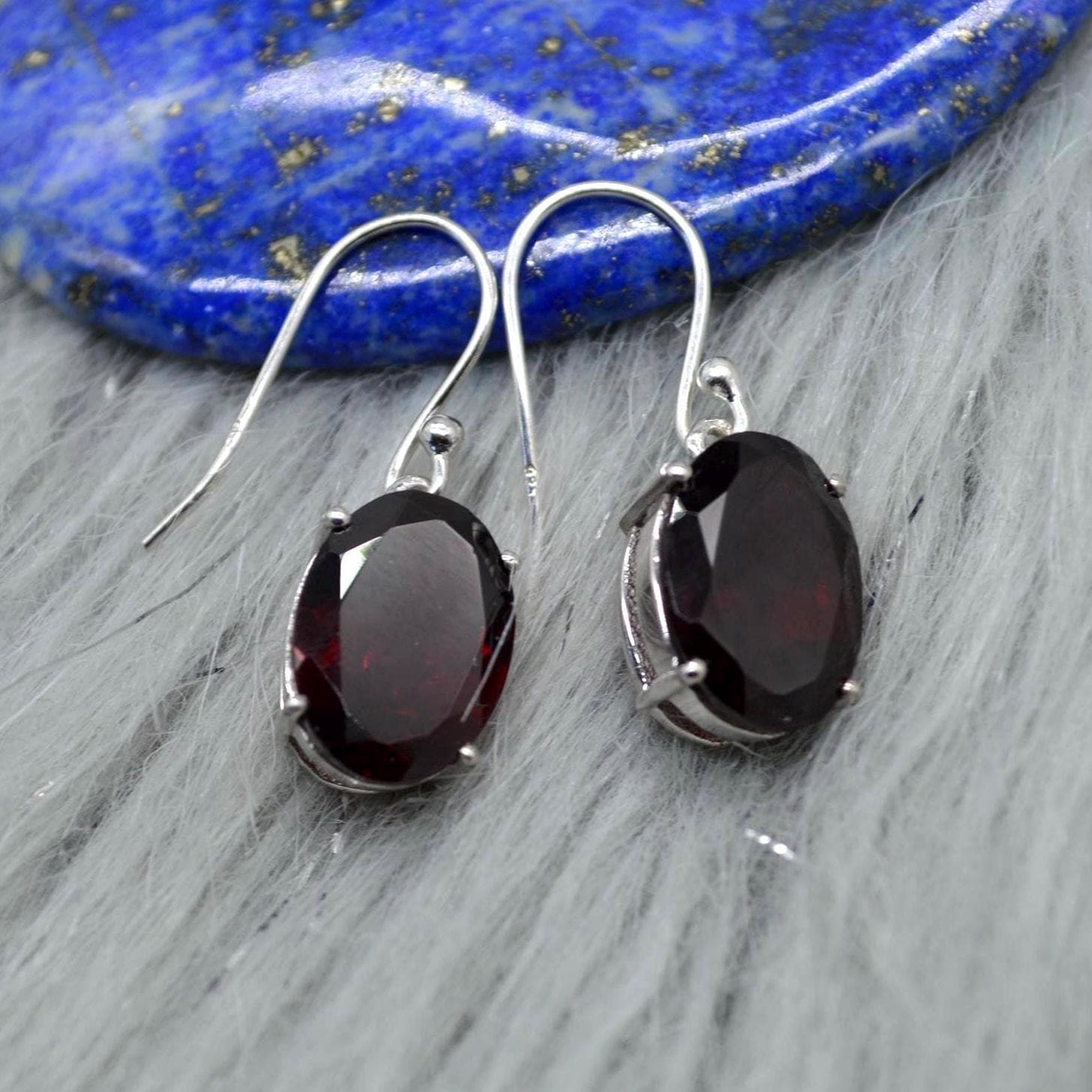 Garnet Earrings: Dangle Drop, Oval, Red Gemstone, January Birthstone