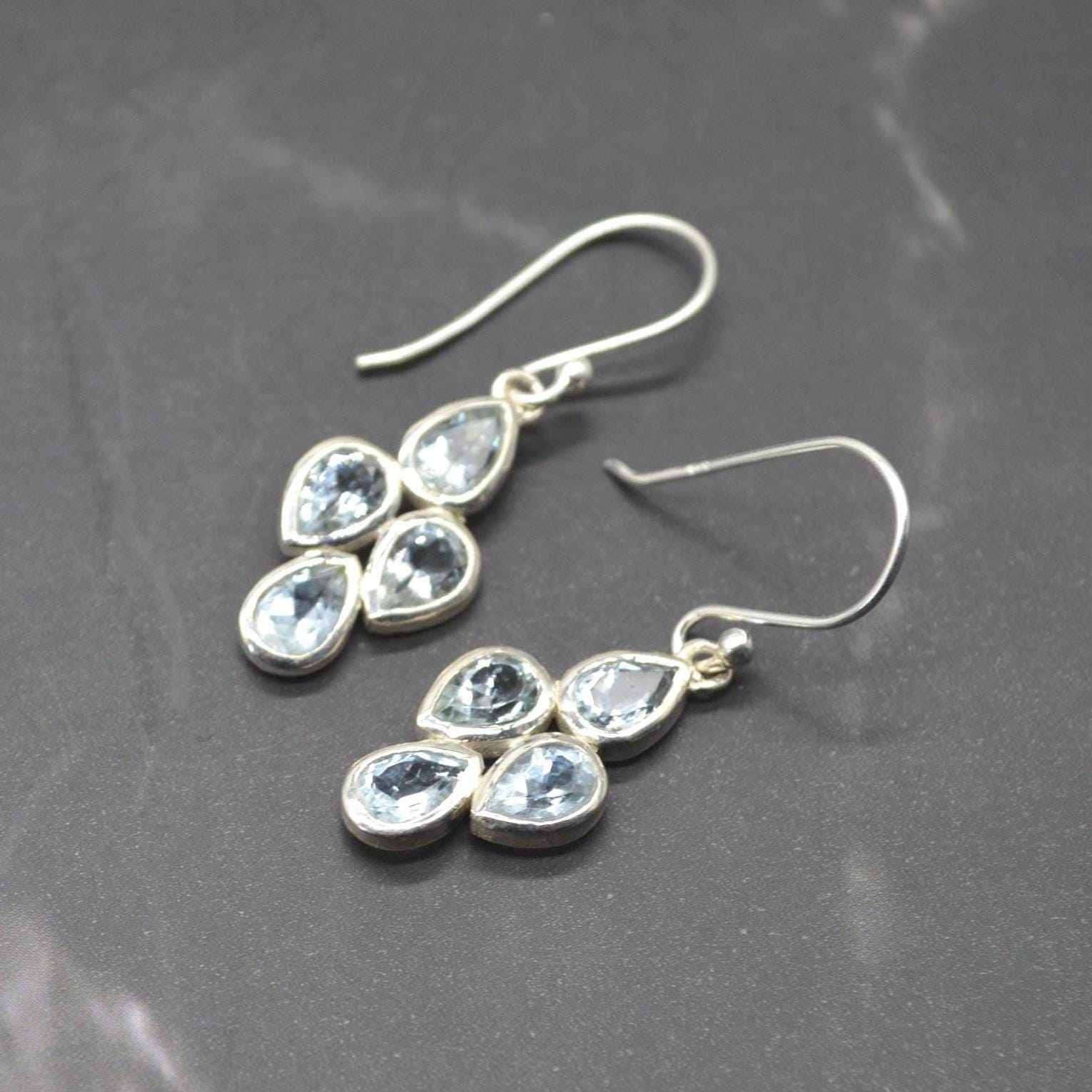 Aquamarine Earrings: Silver, Floral Dangle Drop, March Birthstone Jewelry