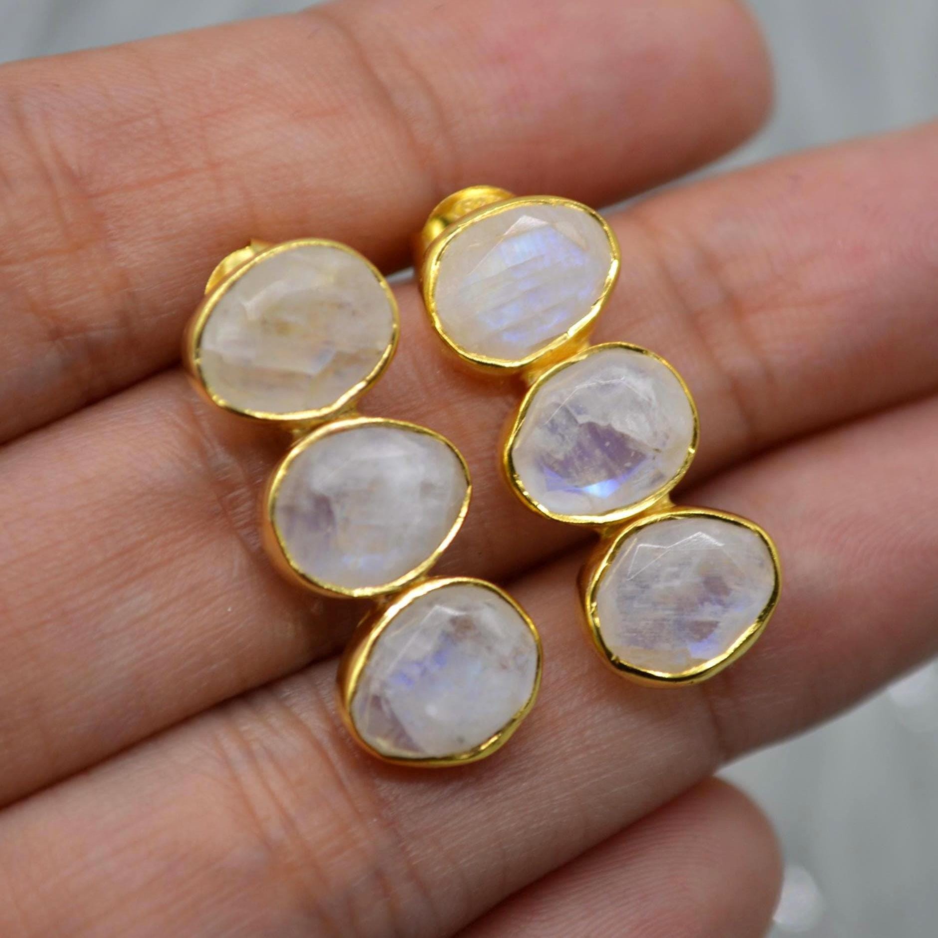 Rainbow Moonstone Earrings: Gold Plated Sterling Silver, June Birthstone Drop