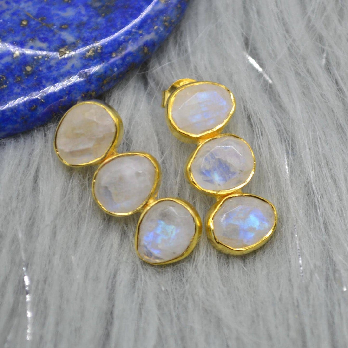 Rainbow Moonstone Earrings: Gold Plated Sterling Silver, June Birthstone Drop