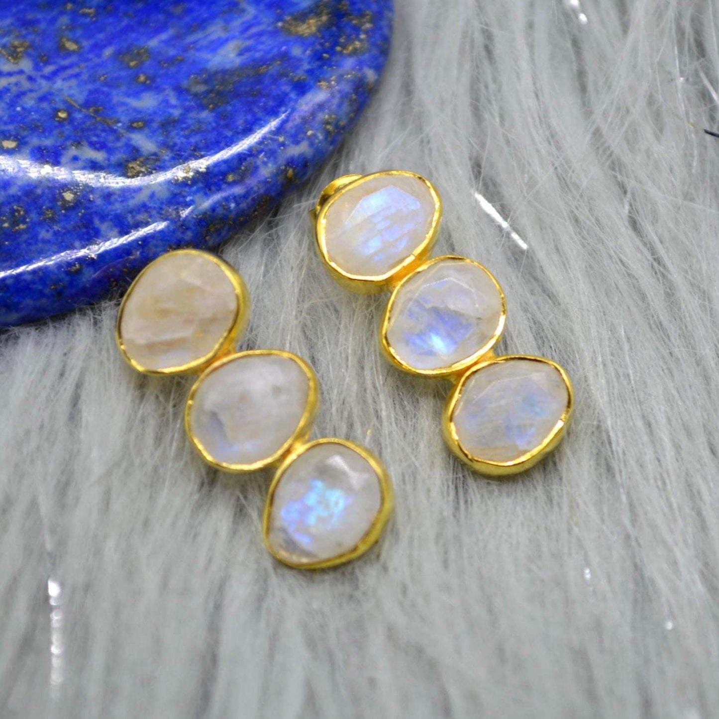 Rainbow Moonstone Earrings: Gold Plated Sterling Silver, June Birthstone Drop