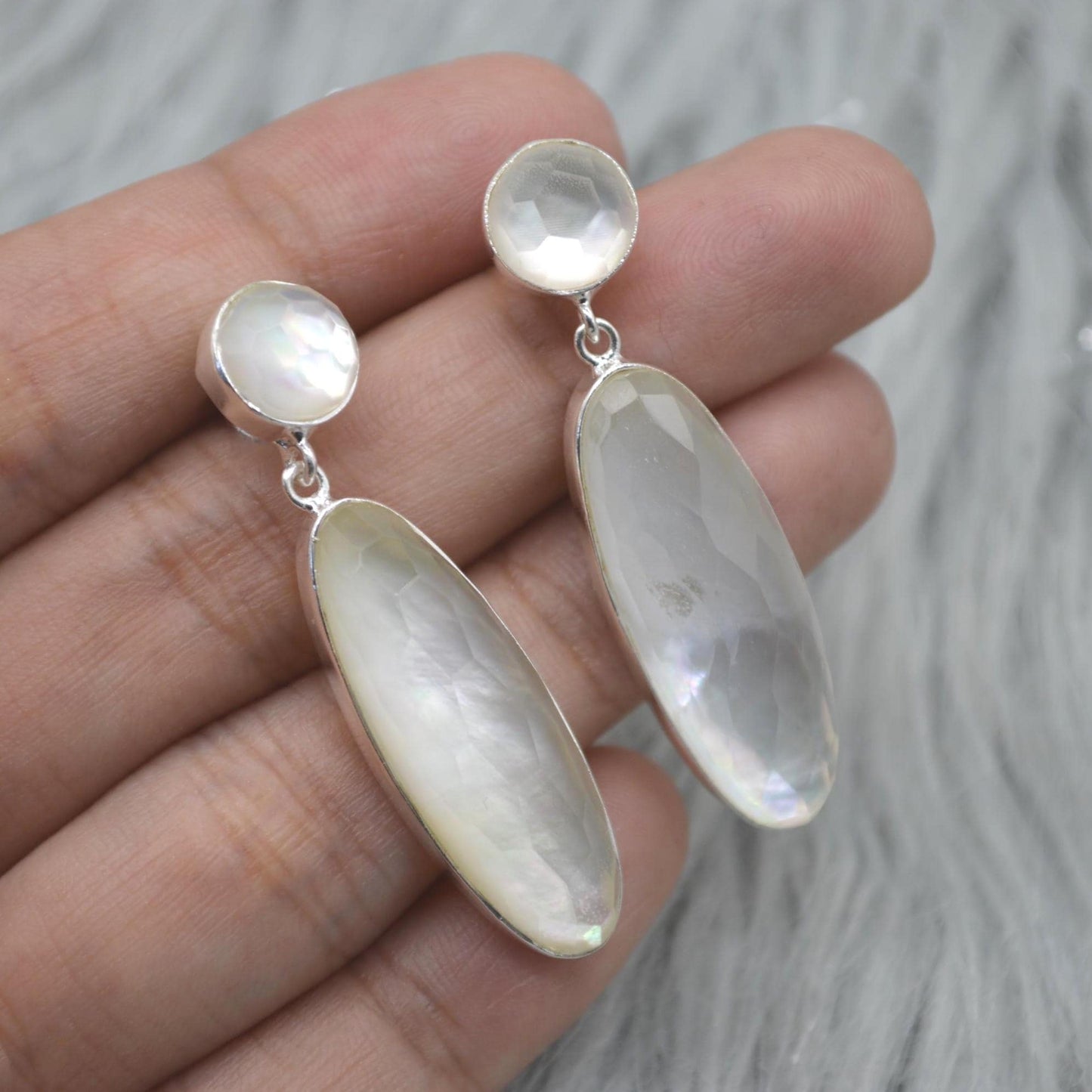 Mother Of Pearl Earrings: Silver, Doublet, White Gemstone Drop, June Birthstone