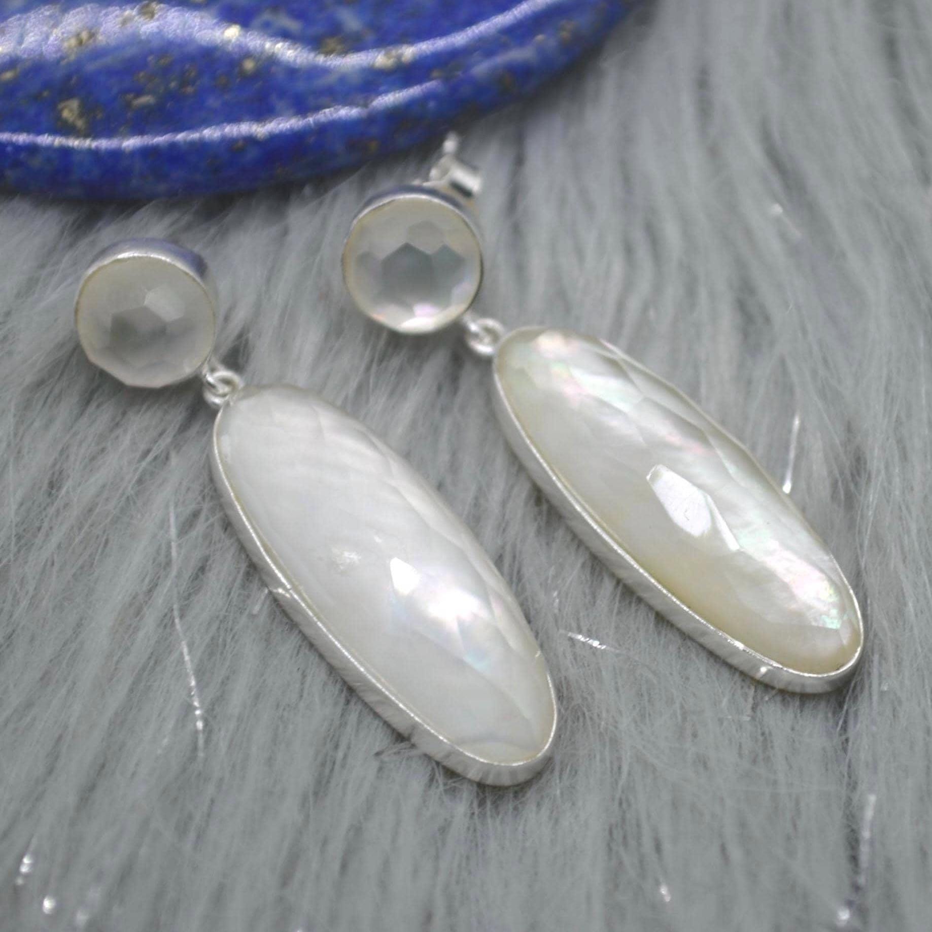 Mother Of Pearl Earrings: Silver, Doublet, White Gemstone Drop, June Birthstone