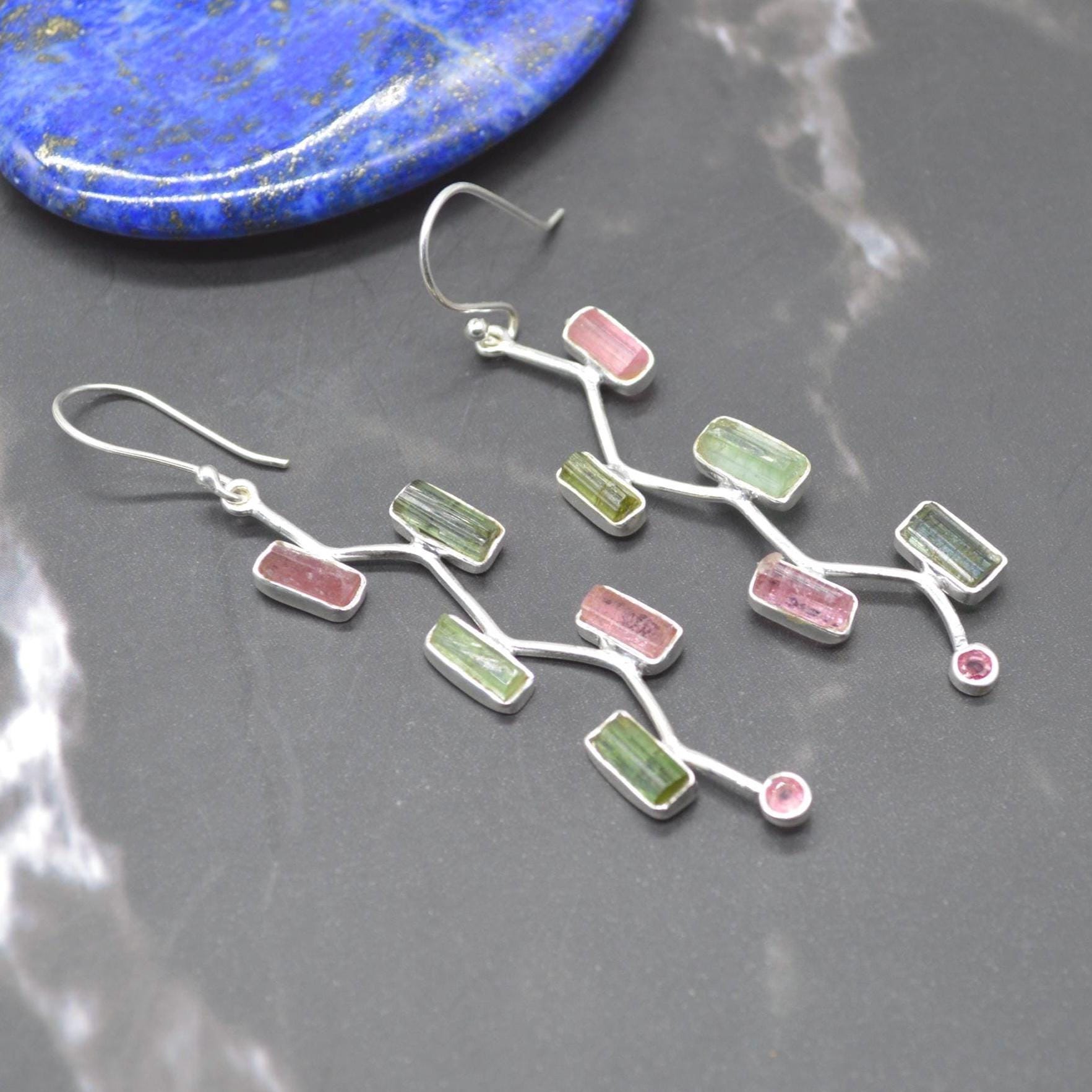 Raw Pink Green Tourmaline Earrings: Silver, Long Dangle Drop, October Birthstone