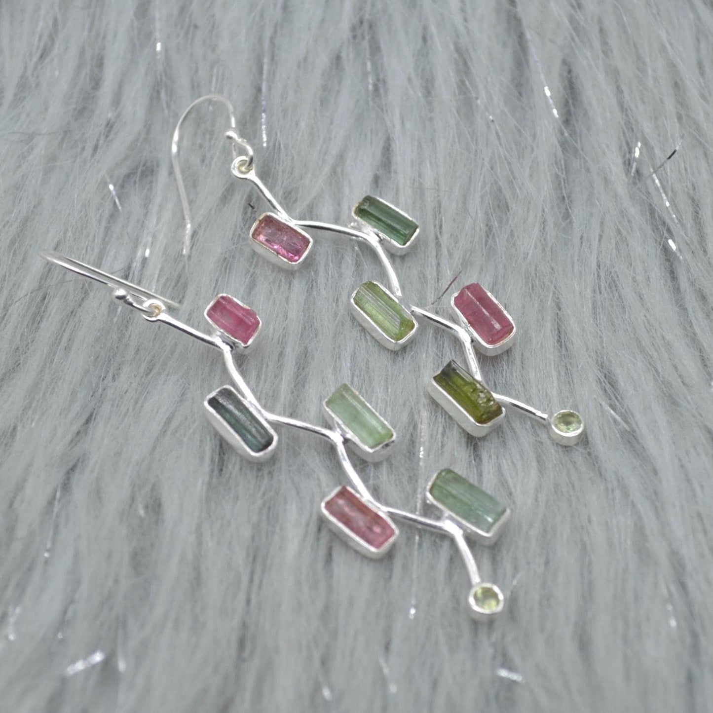 Raw Pink Green Tourmaline Earrings: Silver, Long Dangle Drop, October Birthstone