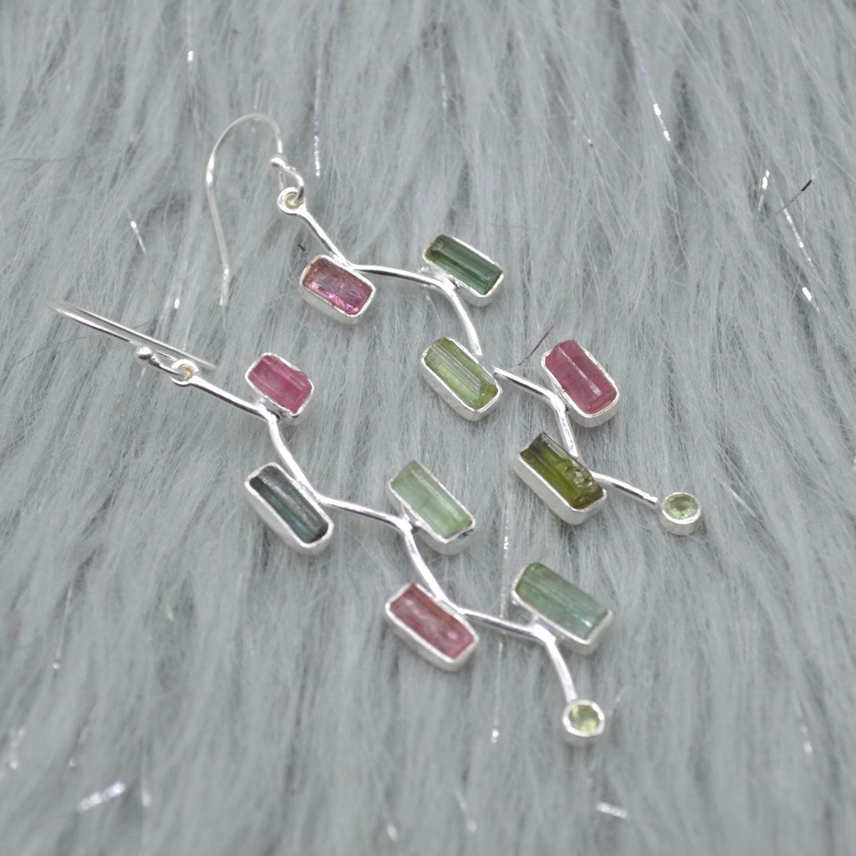 Raw Pink Green Tourmaline Earrings: Silver, Long Dangle Drop, October Birthstone