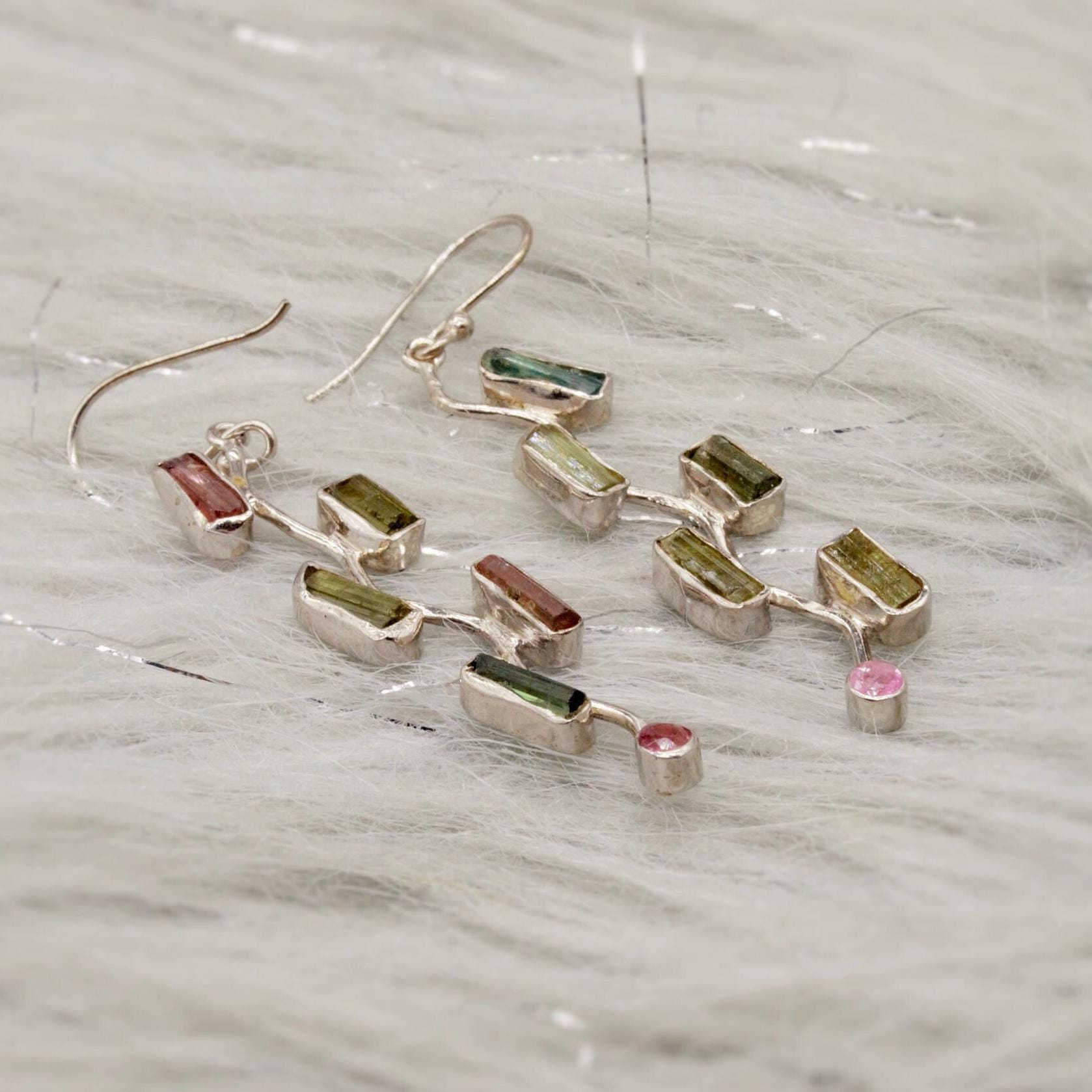 Raw Pink Green Tourmaline Earrings: Silver, Long Dangle Drop, October Birthstone