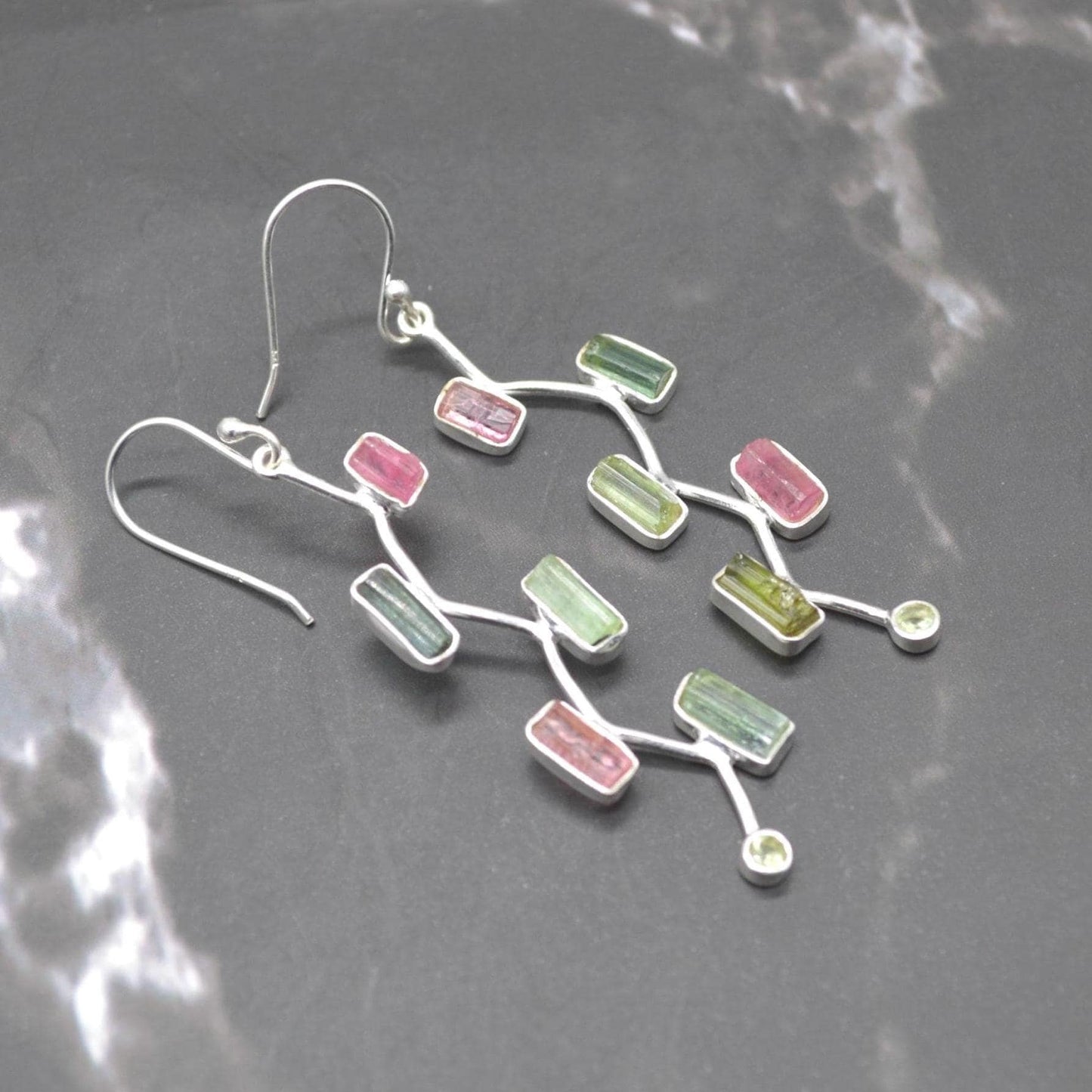 Raw Pink Green Tourmaline Earrings: Silver, Long Dangle Drop, October Birthstone