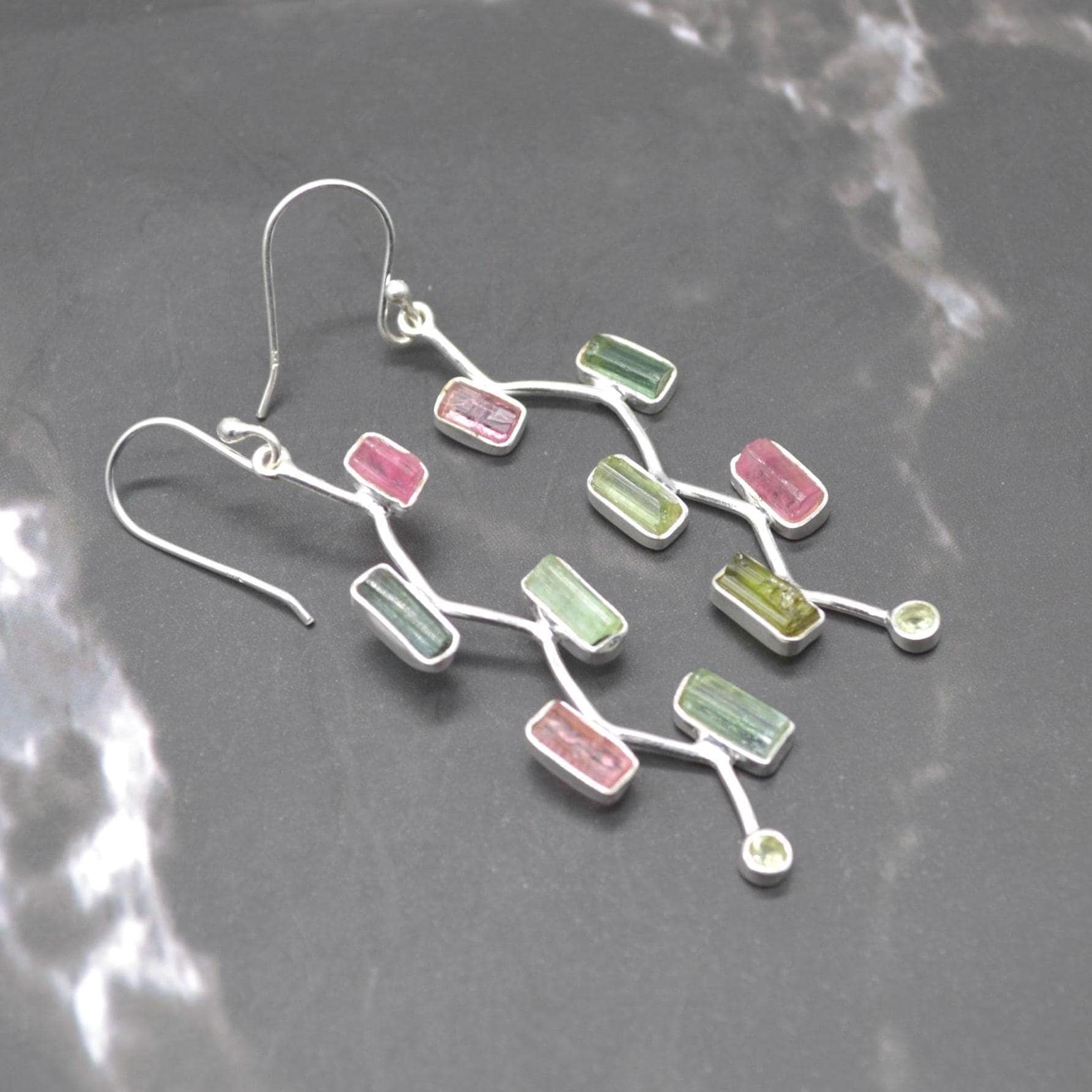 Raw Pink Green Tourmaline Earrings: Silver, Long Dangle Drop, October Birthstone