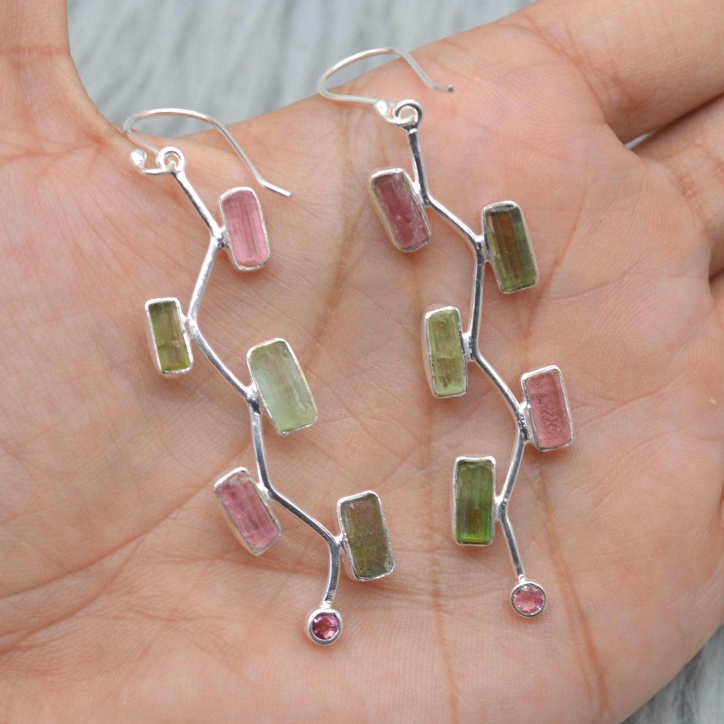 Raw Pink Green Tourmaline Earrings: Silver, Long Dangle Drop, October Birthstone