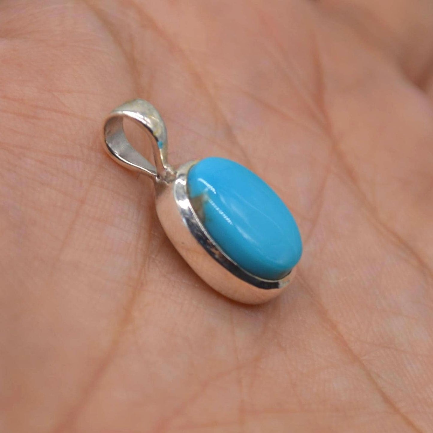 Turquoise Pendant: Silver Necklace, Oval, Blue Gemstone Jewelry, December Birthstone