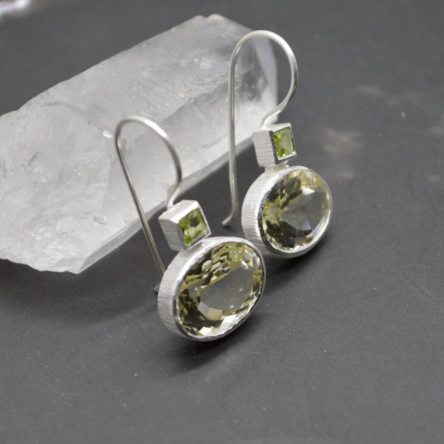 Lemon Quartz Peridot Earrings: Silver, August Birthstone, Unique Dangle Drop Earrings, Green Gemstone