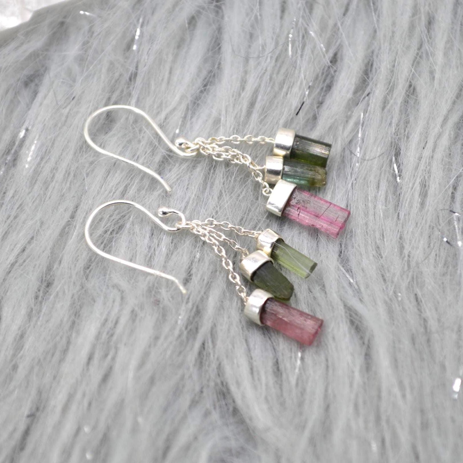 Raw Green Pink Tourmaline Earrings: Sterling Silver, Dangle Drop, October Birthstone Jewelry