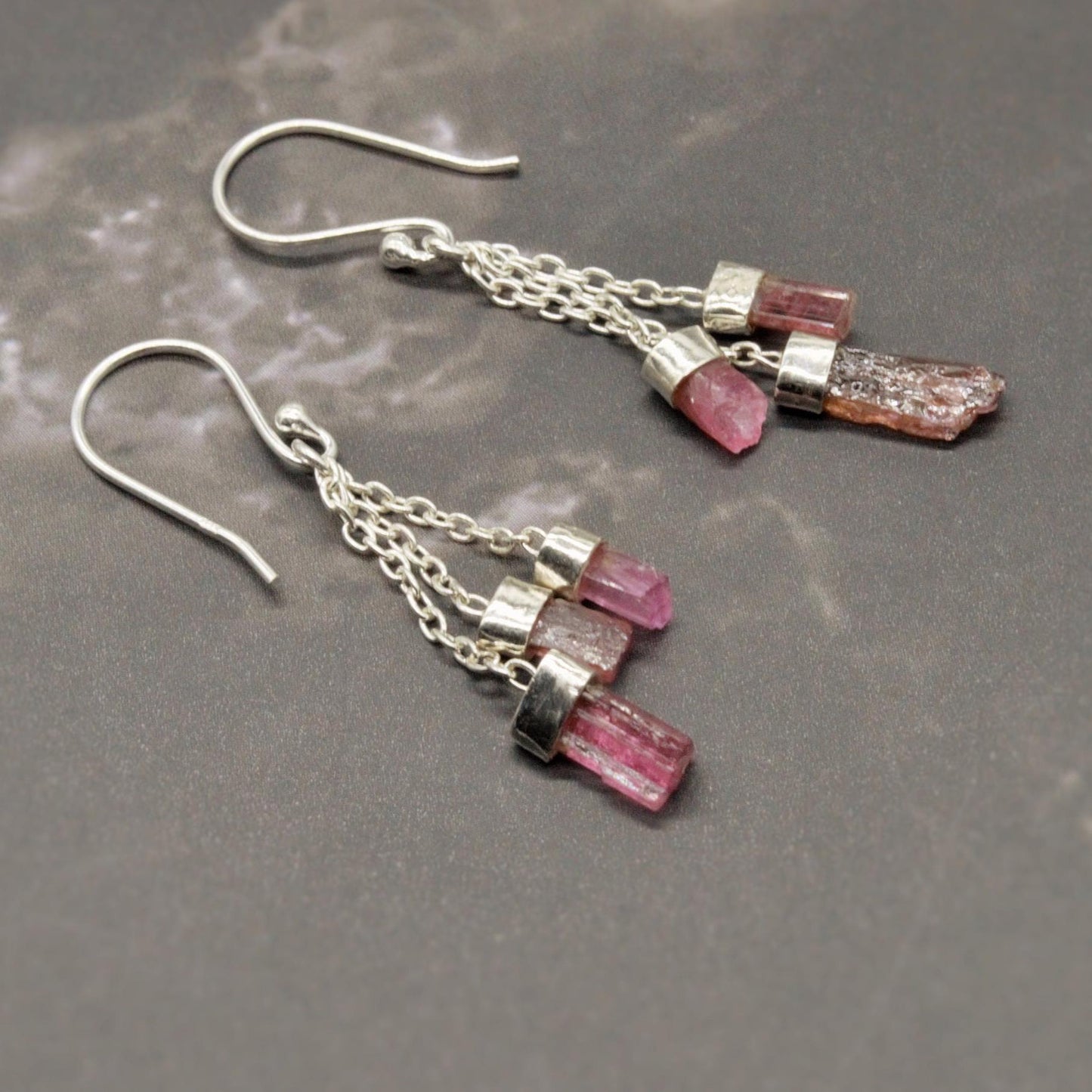 Raw Green Pink Tourmaline Earrings: Sterling Silver, Dangle Drop, October Birthstone Jewelry