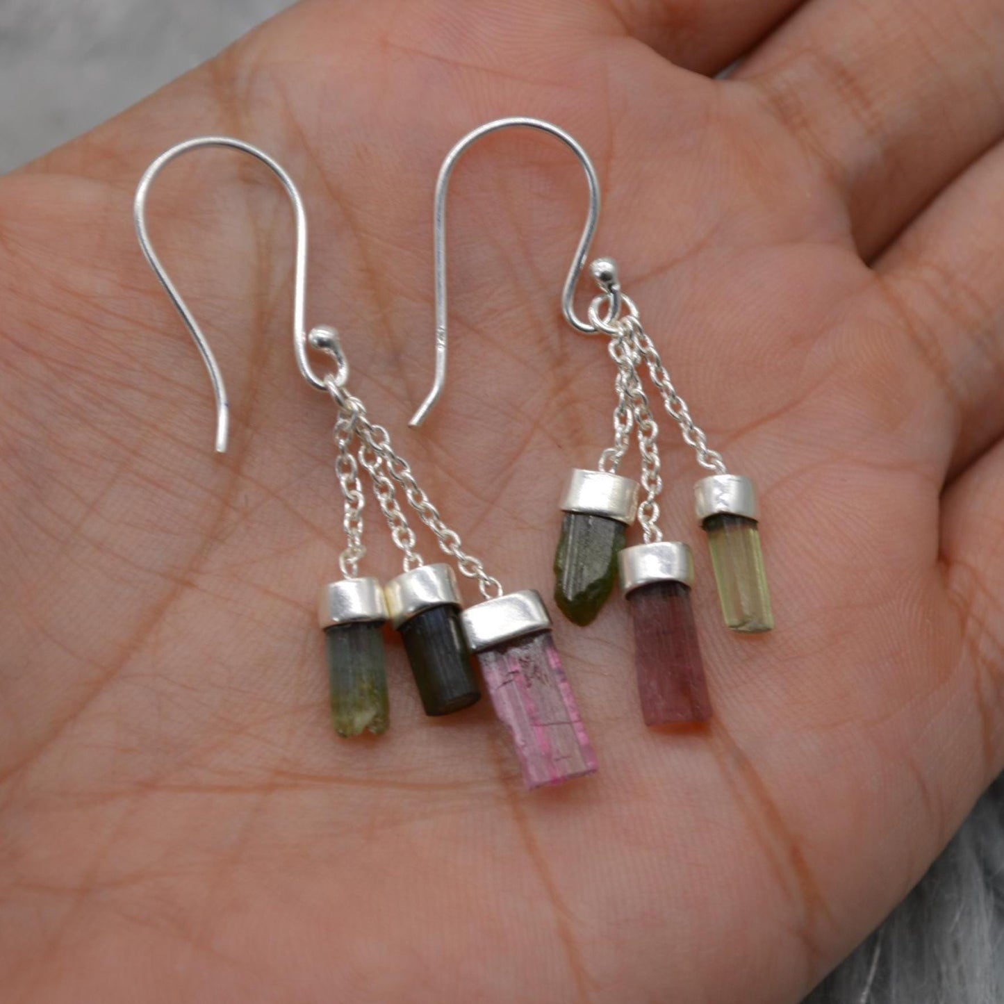 Raw Green Pink Tourmaline Earrings: Sterling Silver, Dangle Drop, October Birthstone Jewelry