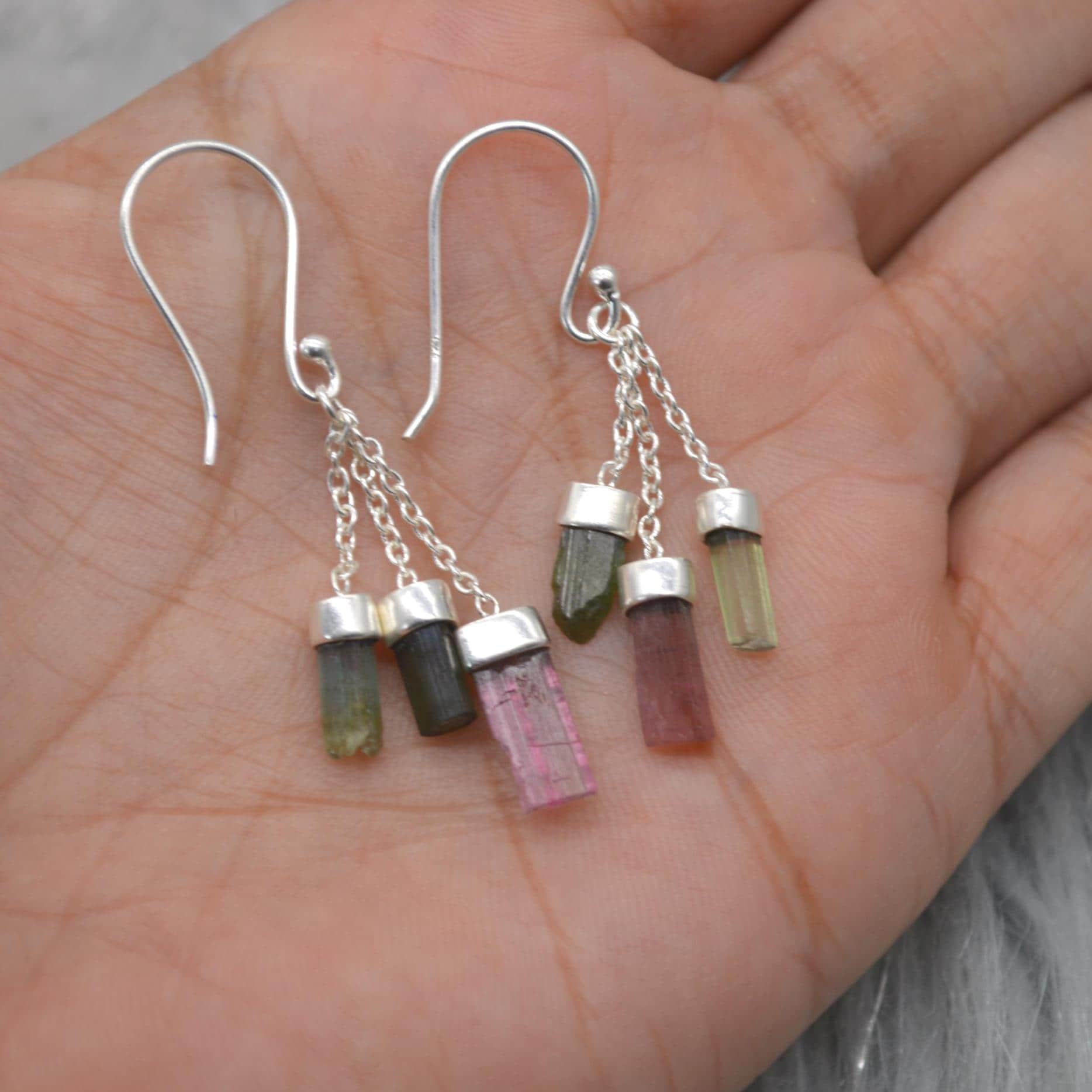 Raw Green Pink Tourmaline Earrings: Sterling Silver, Dangle Drop, October Birthstone Jewelry