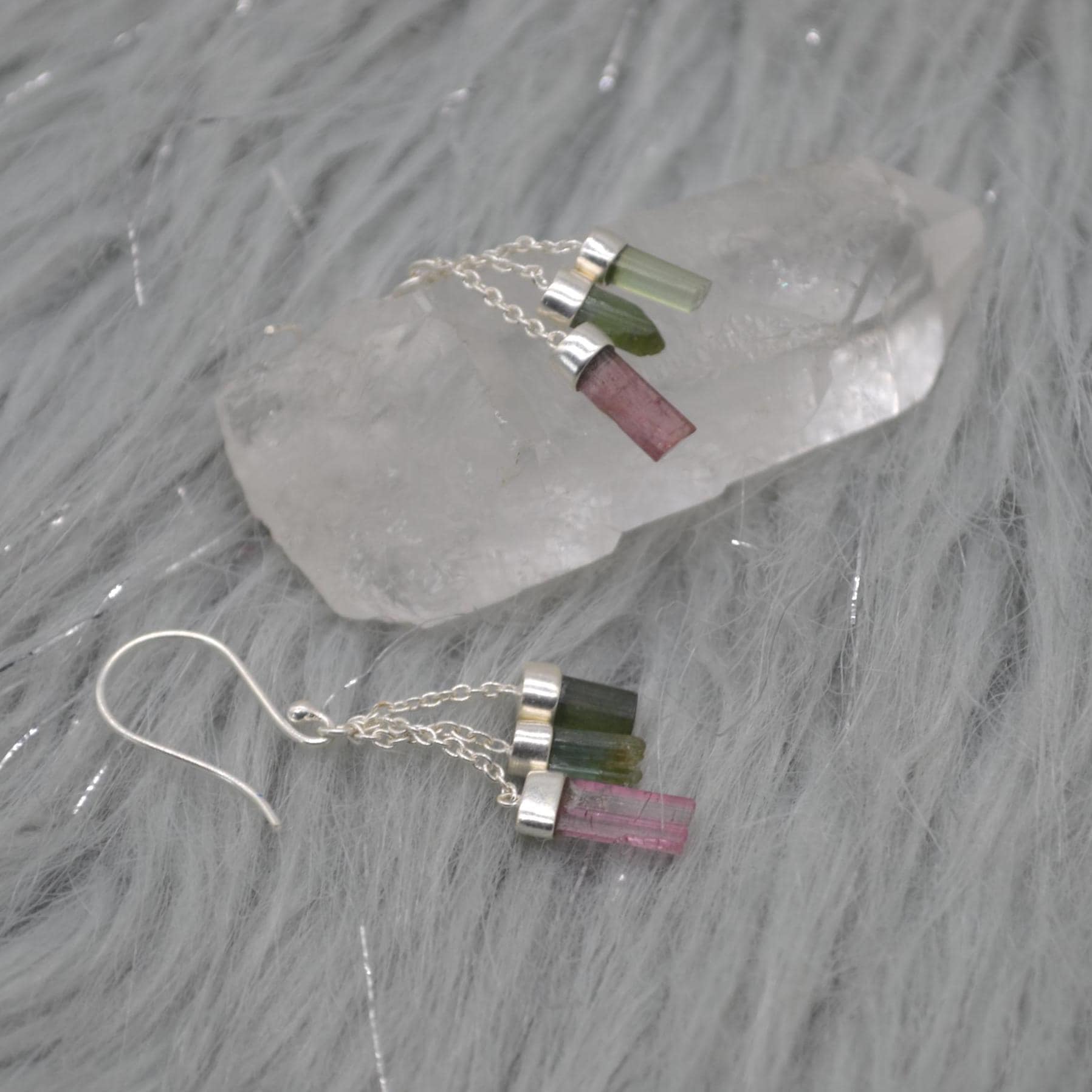 Raw Green Pink Tourmaline Earrings: Sterling Silver, Dangle Drop, October Birthstone Jewelry