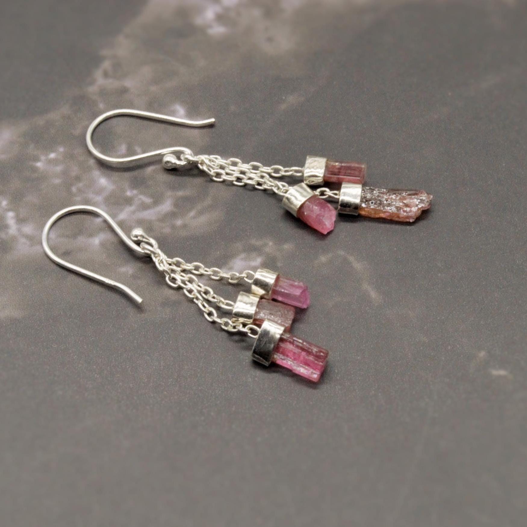 Raw Green Pink Tourmaline Earrings: Sterling Silver, Dangle Drop, October Birthstone Jewelry
