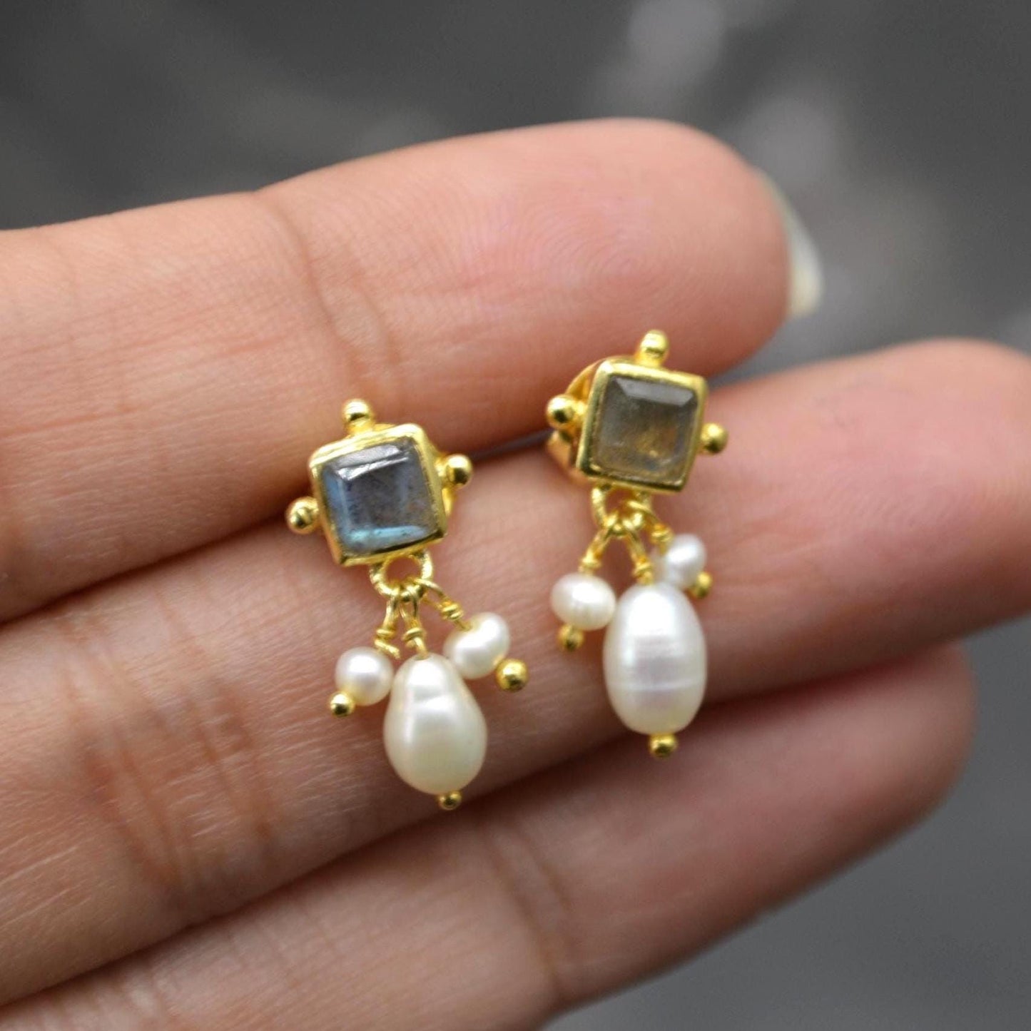 Labradorite Pearl Earrings: Silver or Gold Plated Silver, June Birthstone, Minimalist Drop