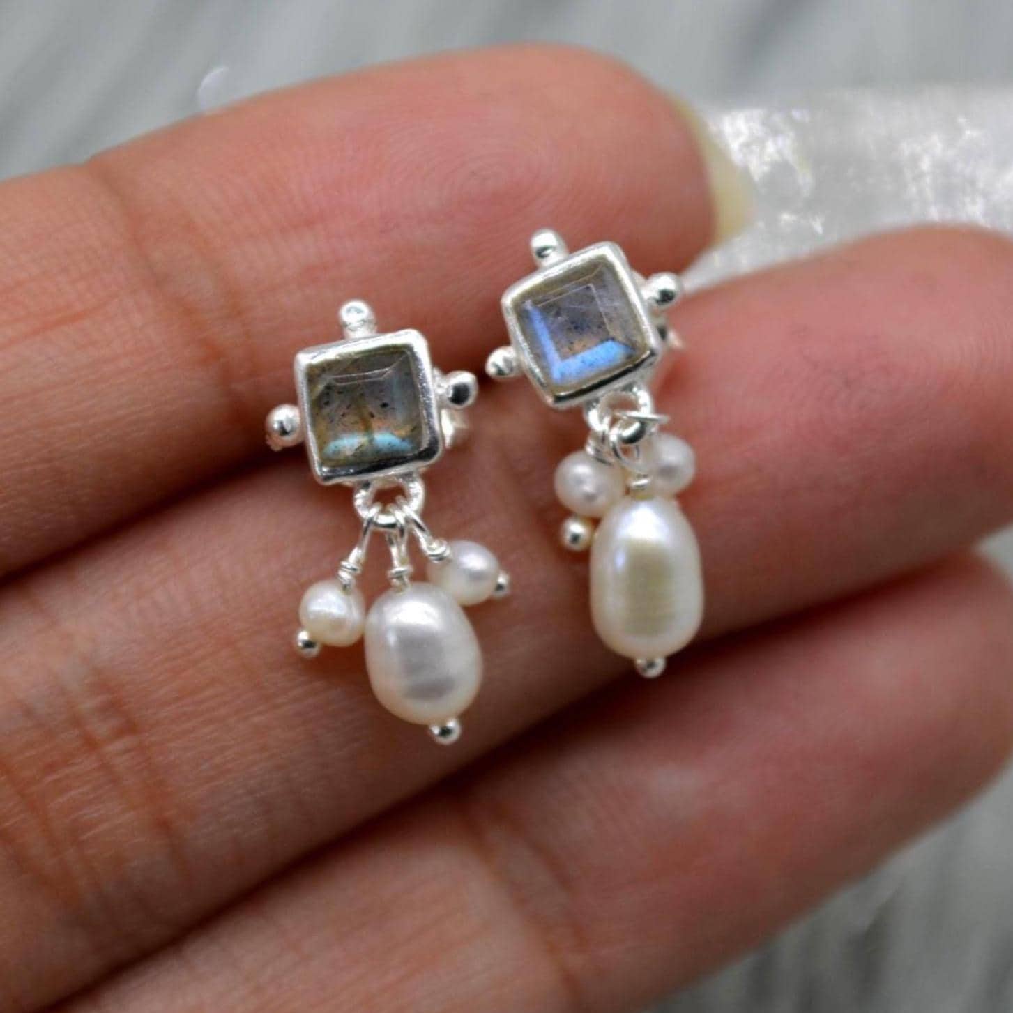 Labradorite Pearl Earrings: Silver or Gold Plated Silver, June Birthstone, Minimalist Drop