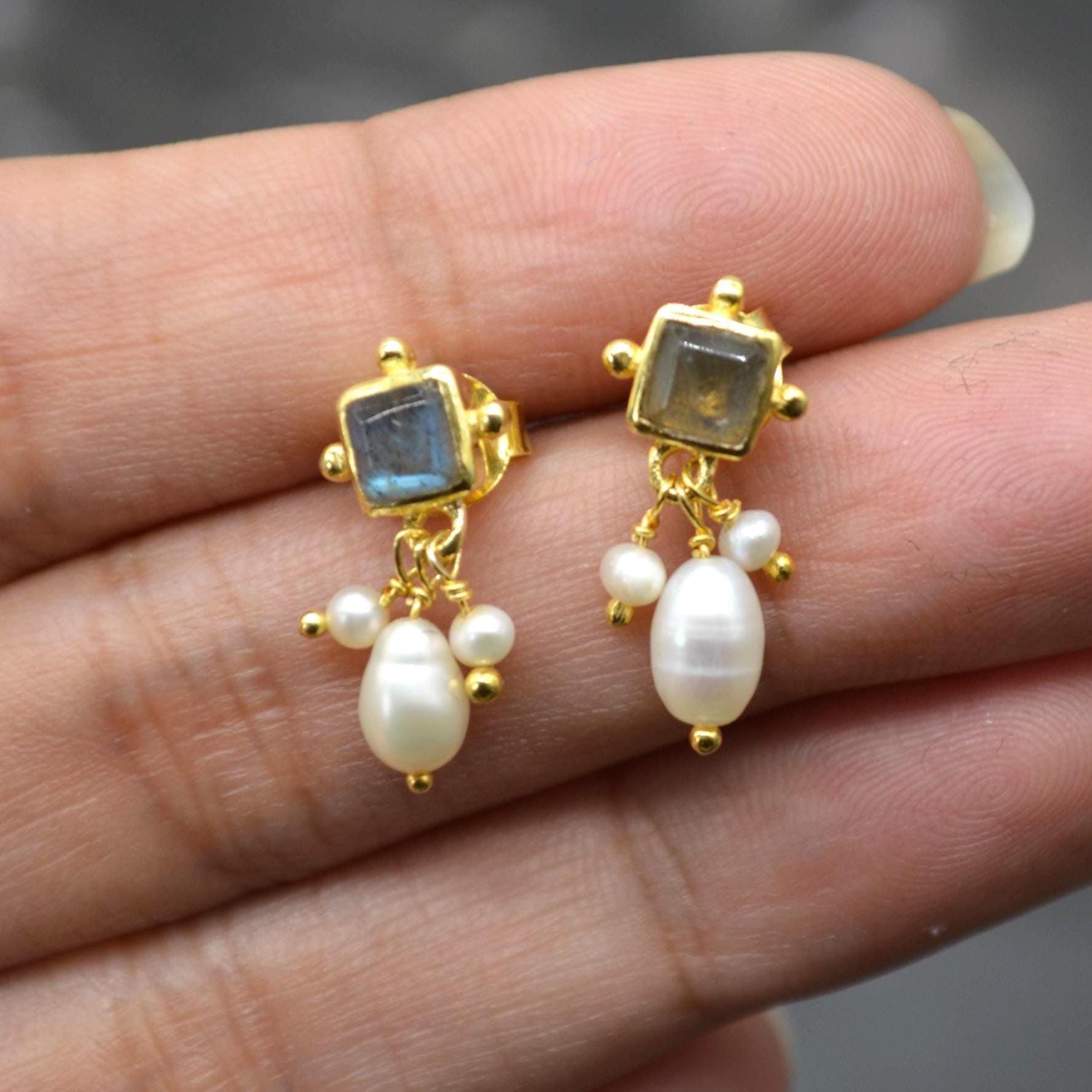 Labradorite Pearl Earrings: Silver or Gold Plated Silver, June Birthstone, Minimalist Drop