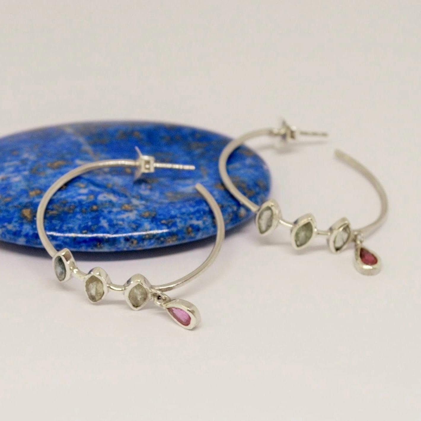 Pink, Green Tourmaline Hoop Earrings: Silver, Huggies, October Birthstone
