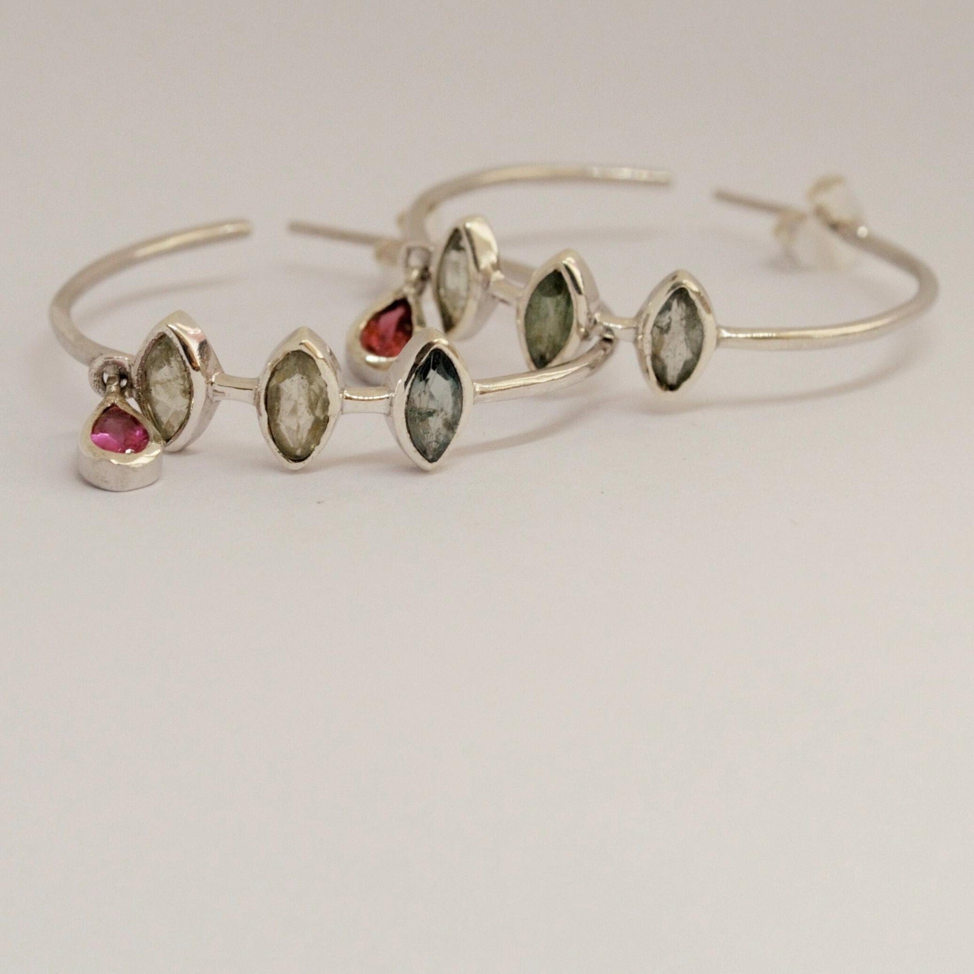 Pink, Green Tourmaline Hoop Earrings: Silver, Huggies, October Birthstone
