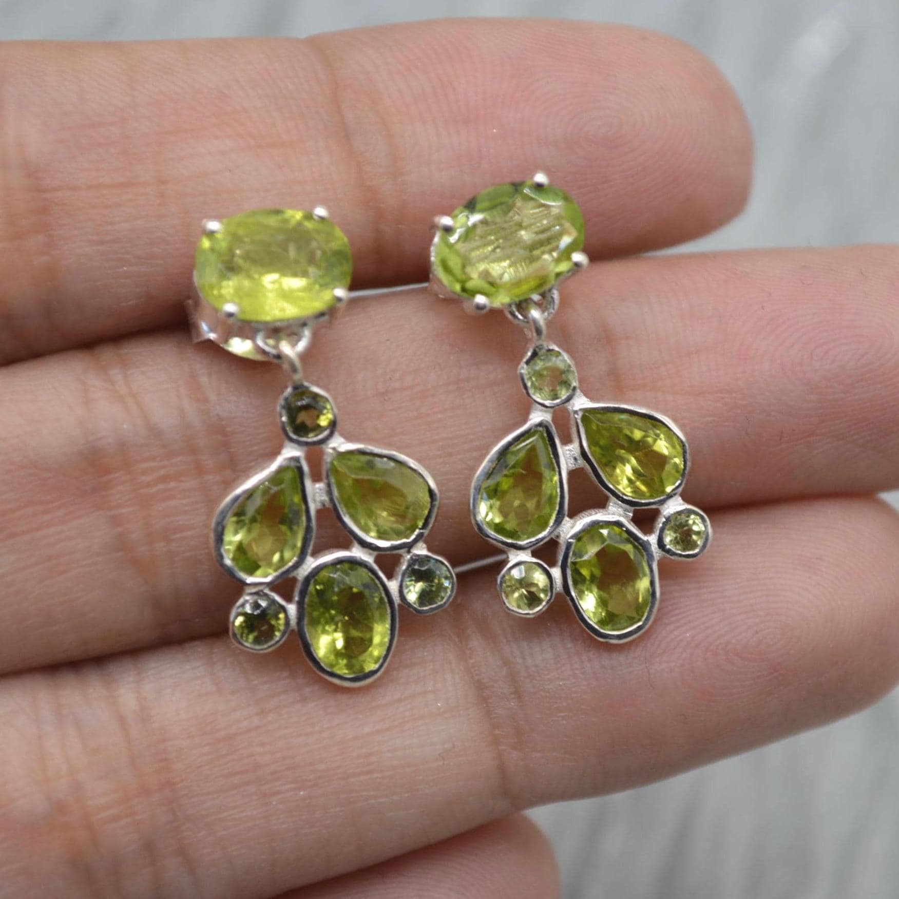 Peridot Earrings: Silver, Floral Dangle Drop, August Birthstone, Green Gemstone