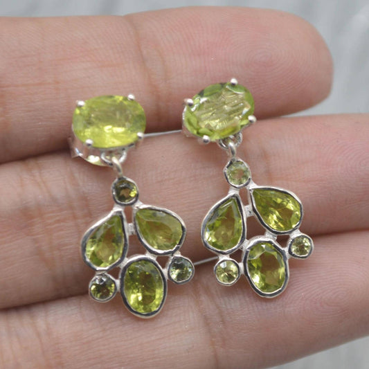 Peridot Earrings: Silver, Floral Dangle Drop, August Birthstone, Green Gemstone