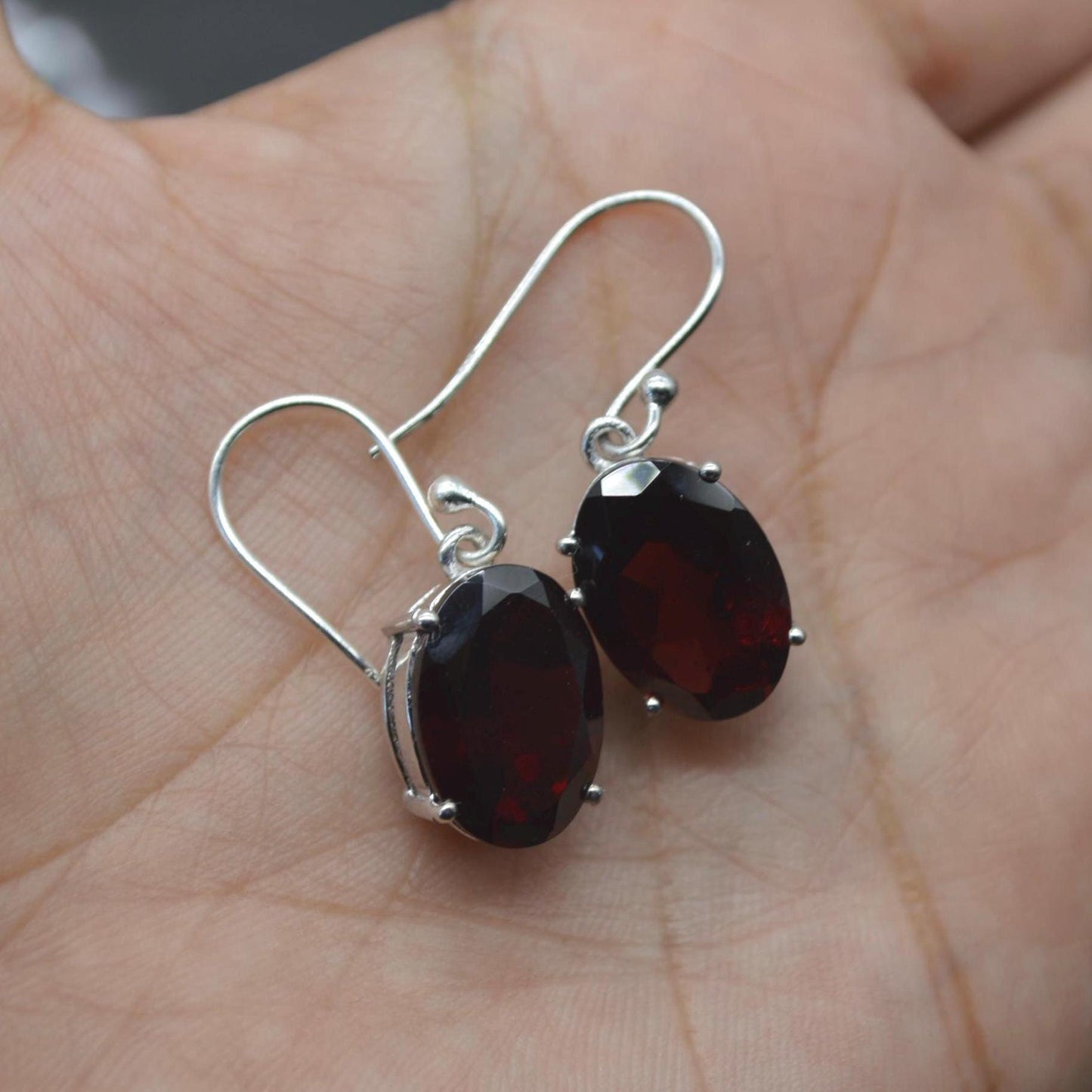 Garnet Earrings: Dangle Drop, Oval, Red Gemstone, January Birthstone