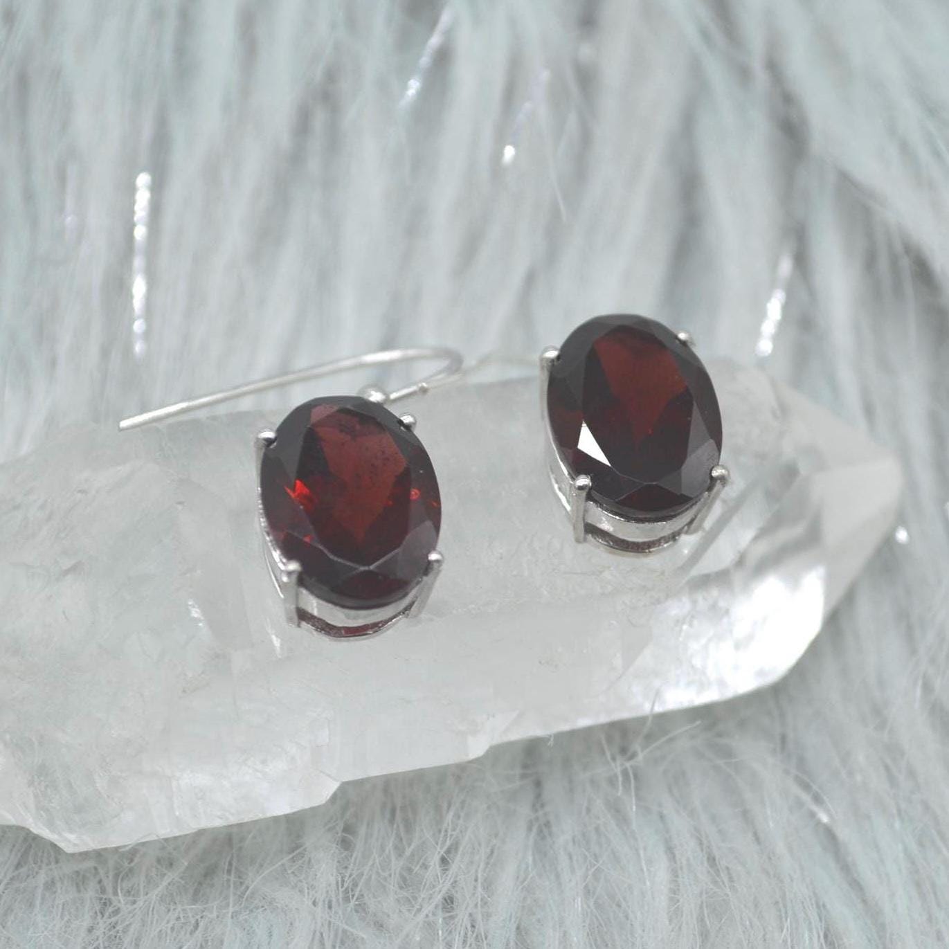 Garnet Earrings: Dangle Drop, Oval, Red Gemstone, January Birthstone